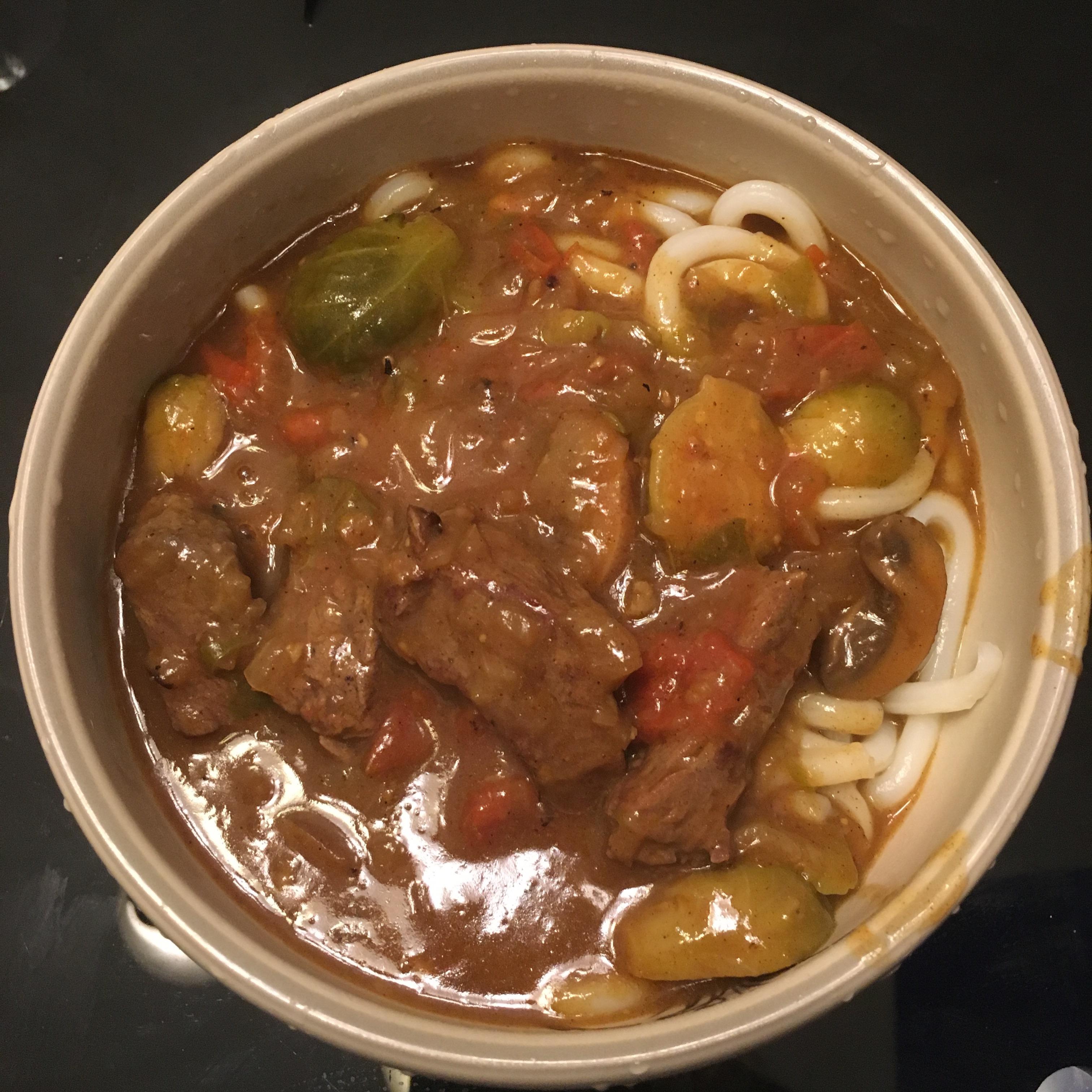 [homemade] homemade curry udon with brussel sprouts and skirt steak =D r/food