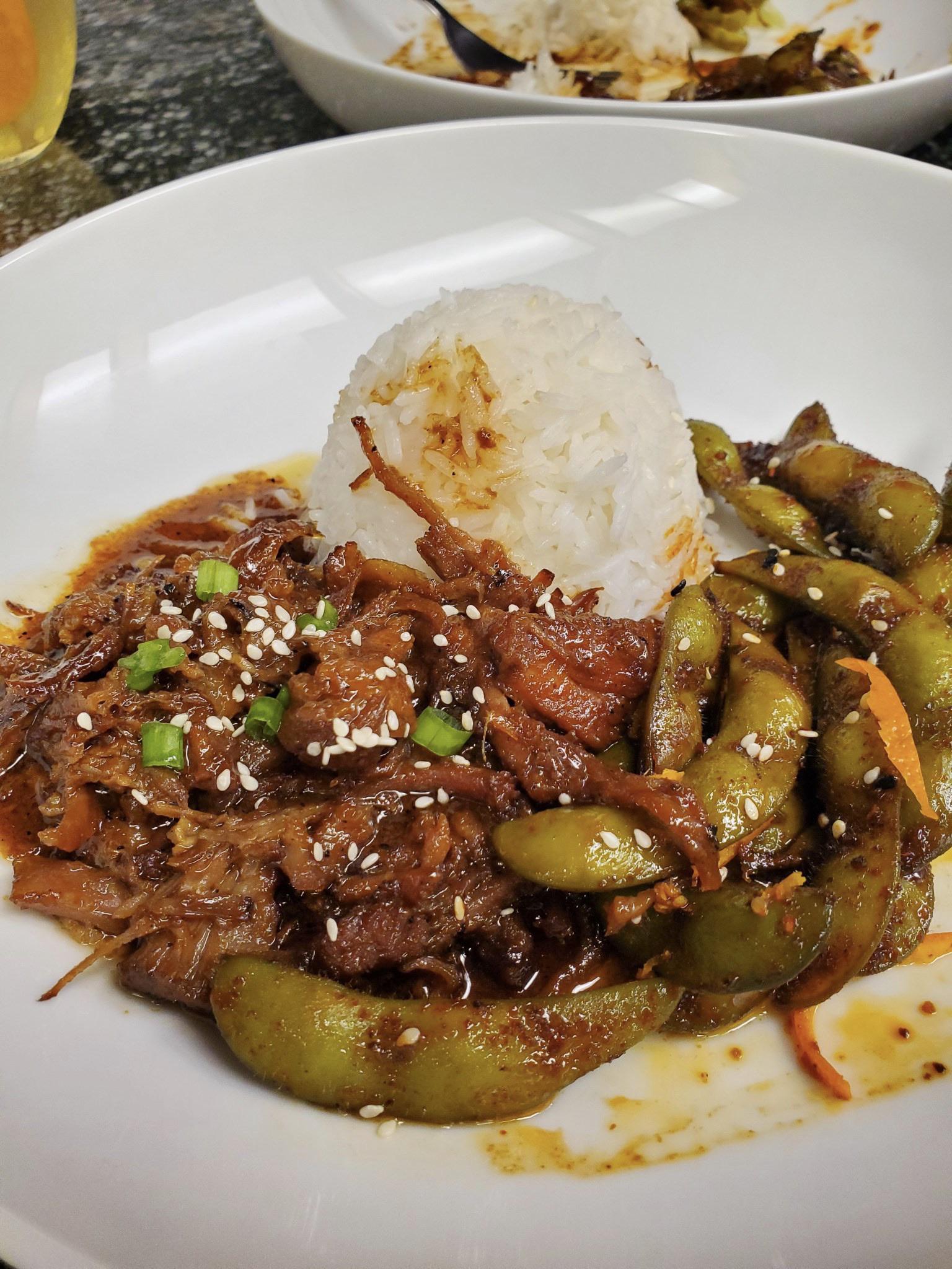 Asian caramel slow cooked pulled pork and togarashi edamame r/slowcooking