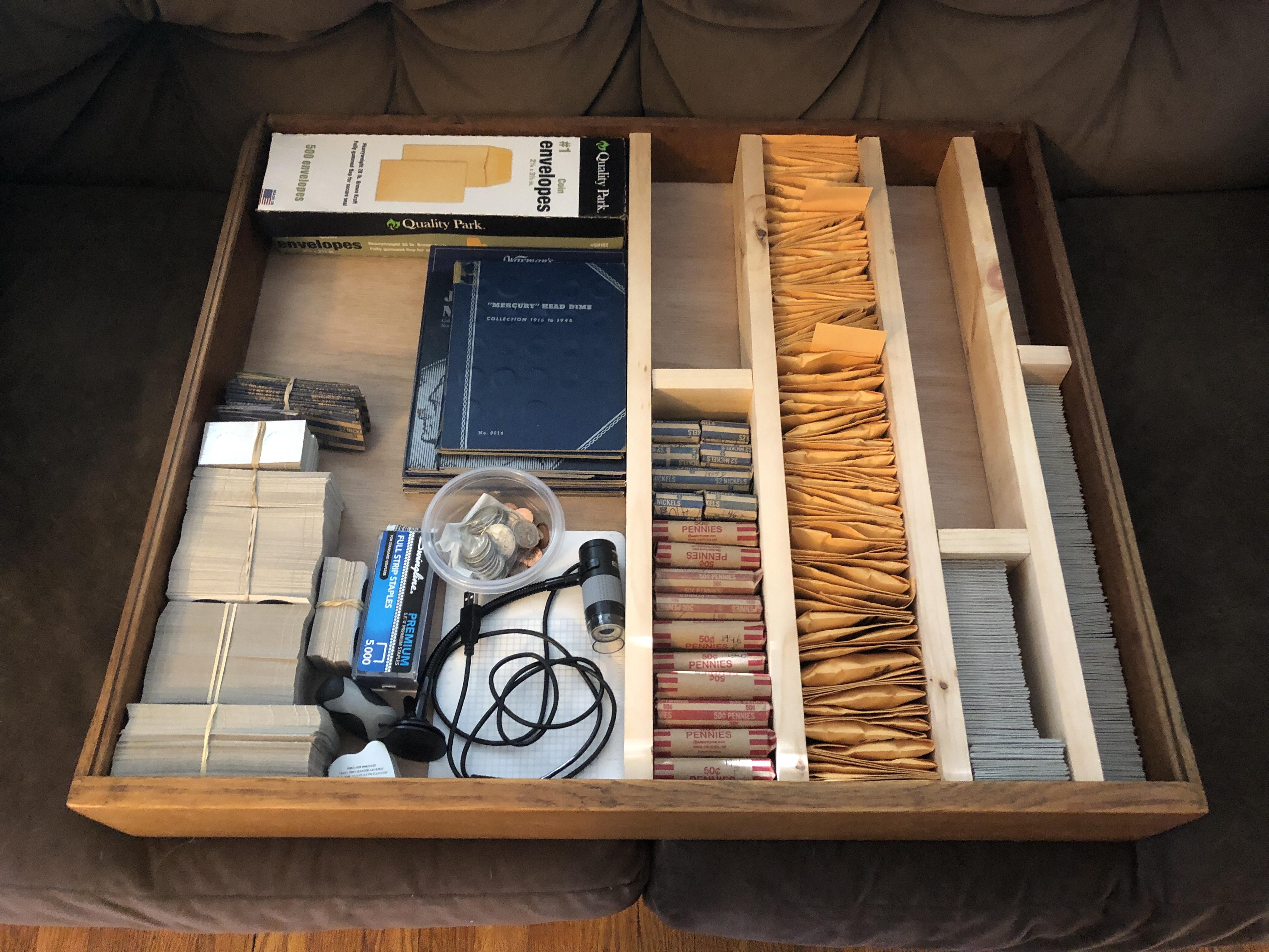 I rebuilt my desk drawer to hold my coin collection and all my gear