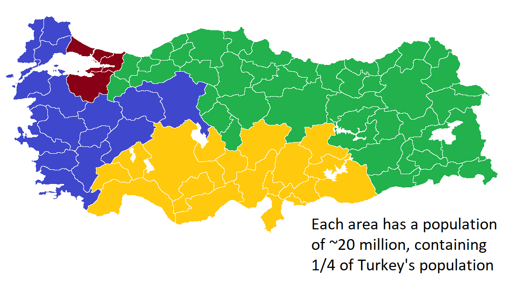 Turkey divided into 4 areas of equal population [OC] r/MapPorn