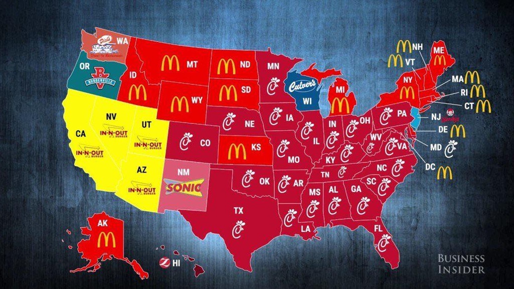 Most popular fast food joints by state [1024x576] r/MapPorn