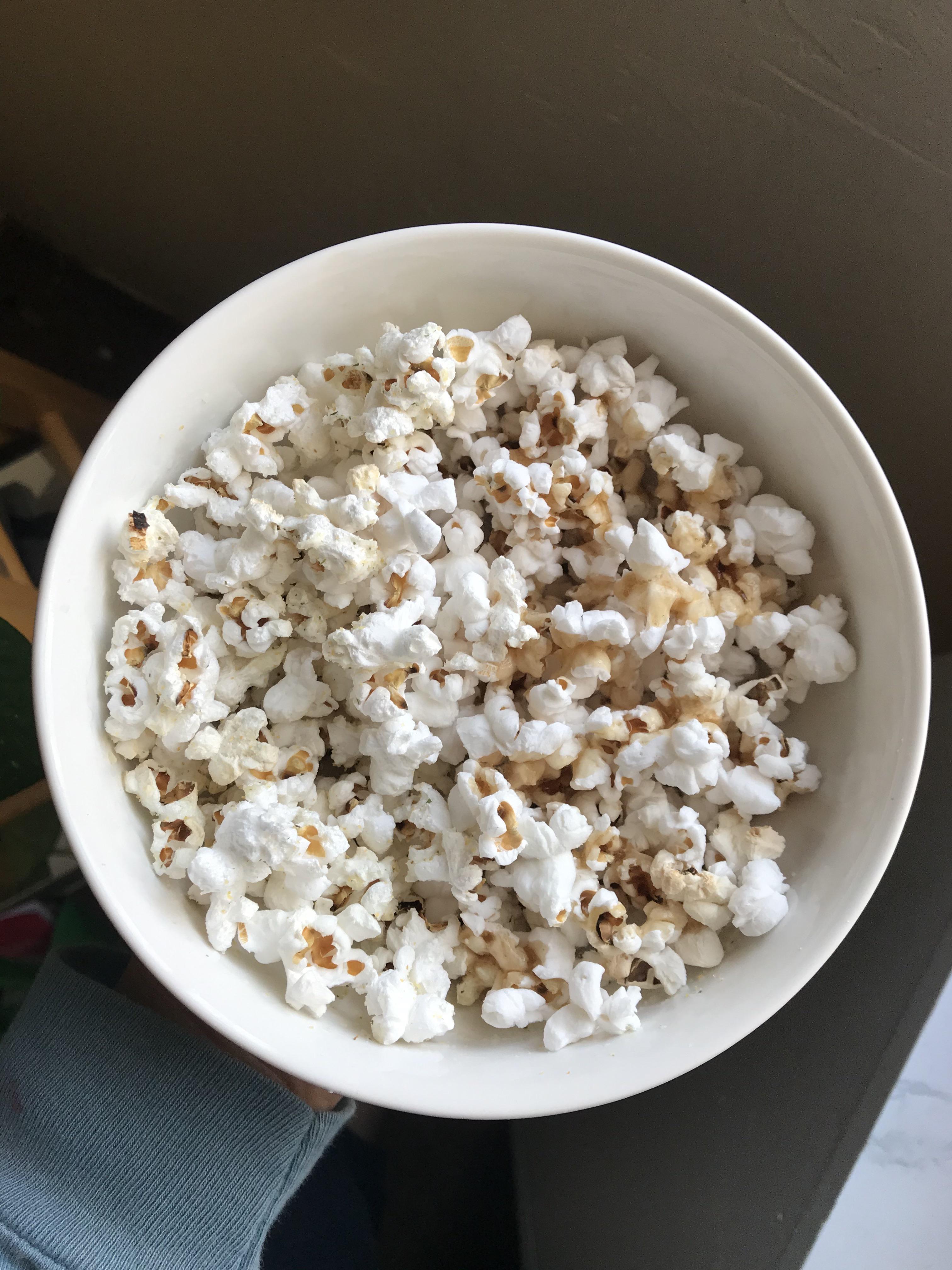 sweet and salty skinny pop popcorn! half drizzled with 0 cal maple