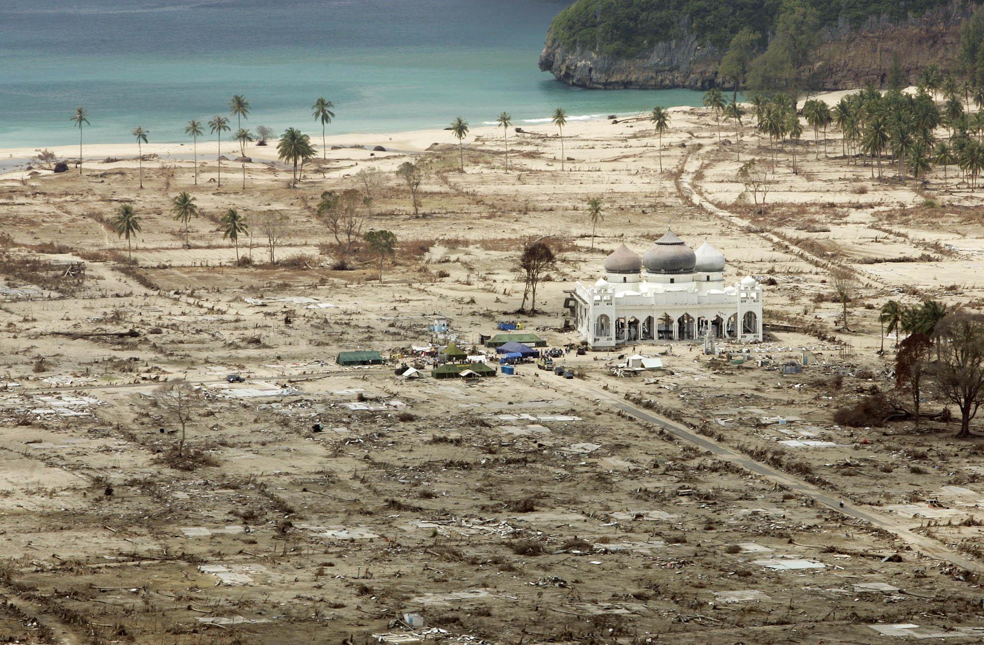 The Rahmatullah Lampuuk mosque in Lhoknga, Indonesia stands alone after