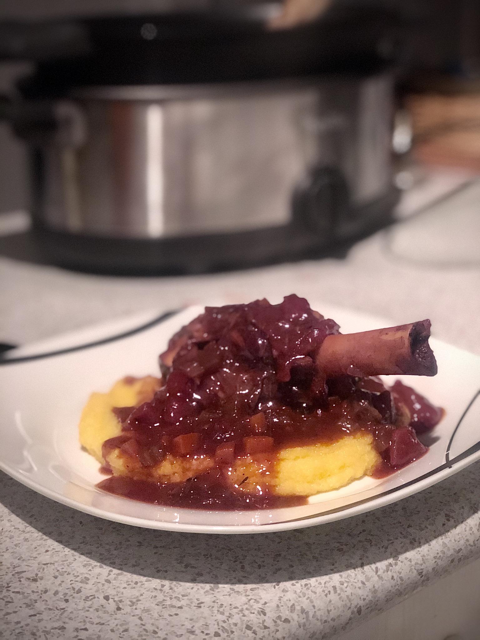 10hr slow cook lamb shanks on a bed of creamy polenta. heavenly for a