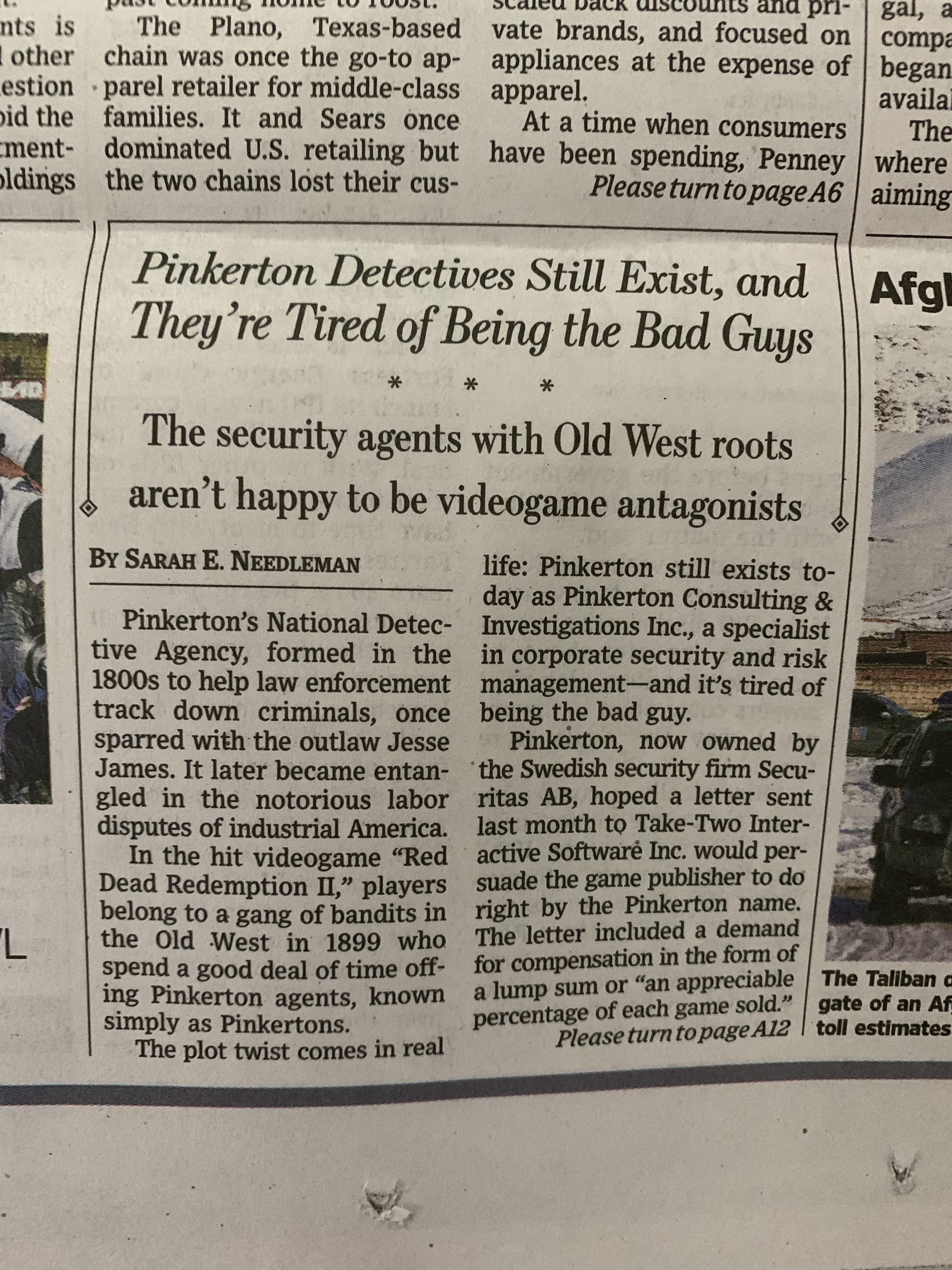 Wall Street Journal writing about the damn Pinkerton’s.. r/reddeadredemption2
