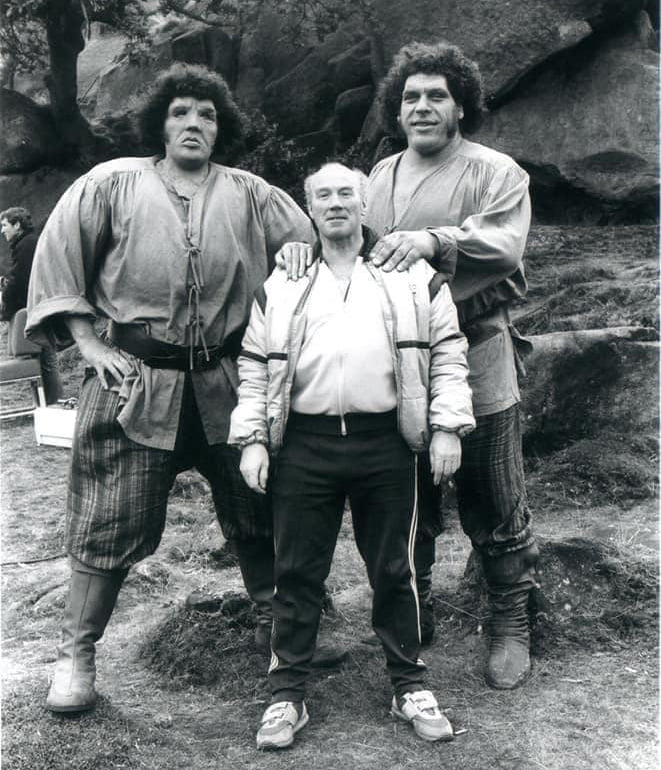 Behindthescenes shot of Andre the Giant with stunt coordinator Peter