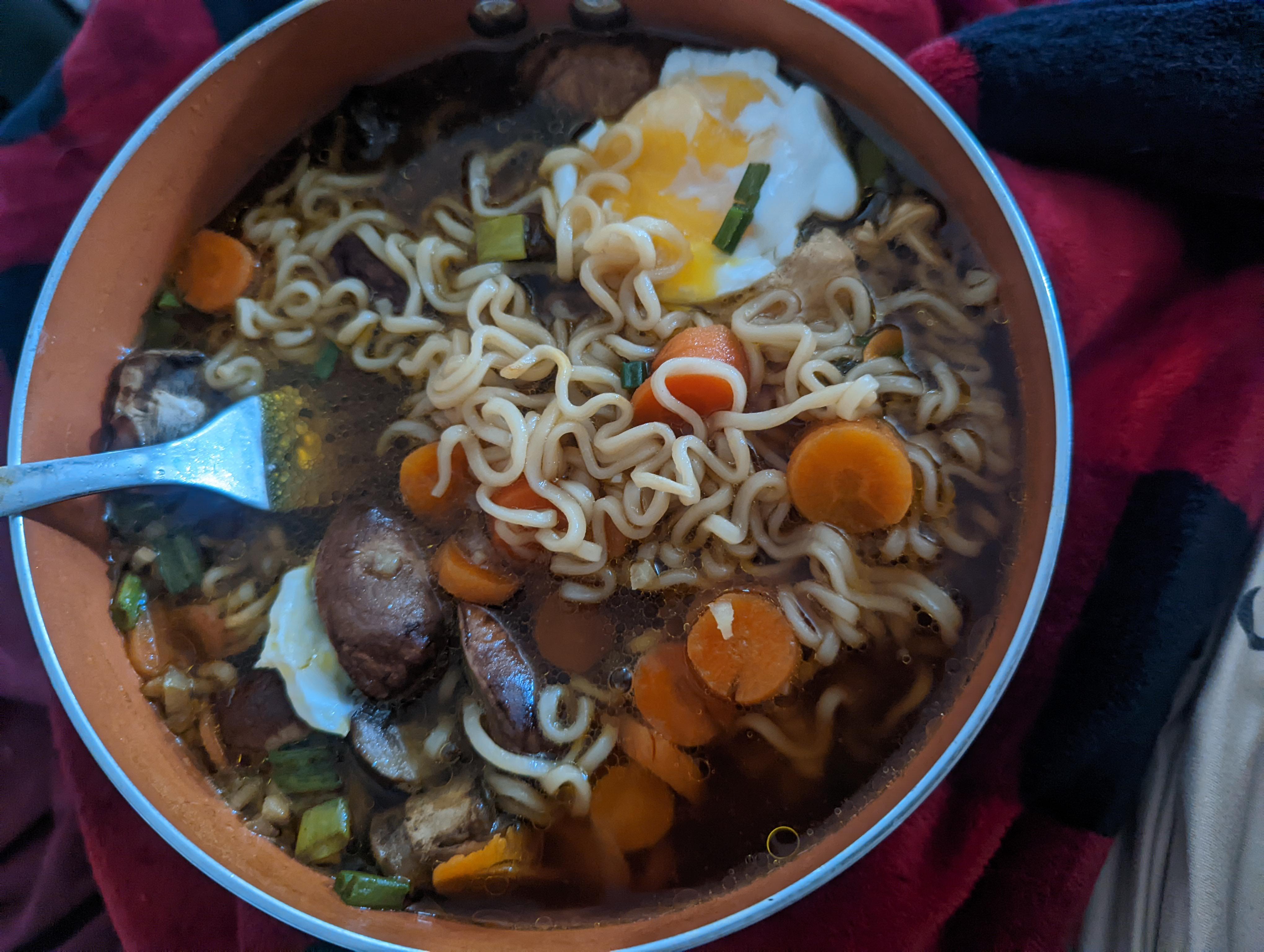 Breakfast in bed soft egg, chicken, oysters, sauteed mushroom, chives