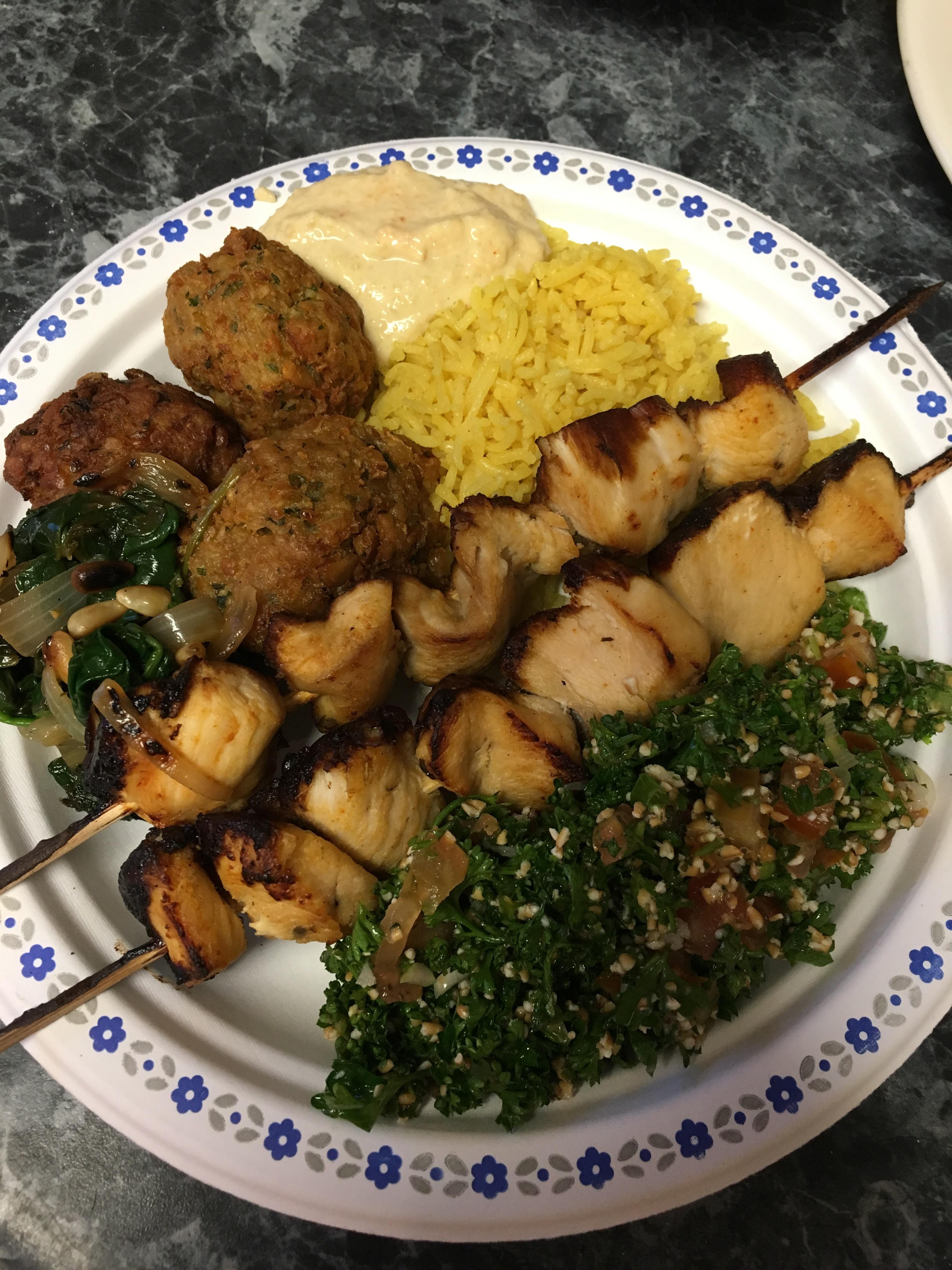 [Homemade] Lebanese themed dinner Falafel, tabbouleh, humus, shish