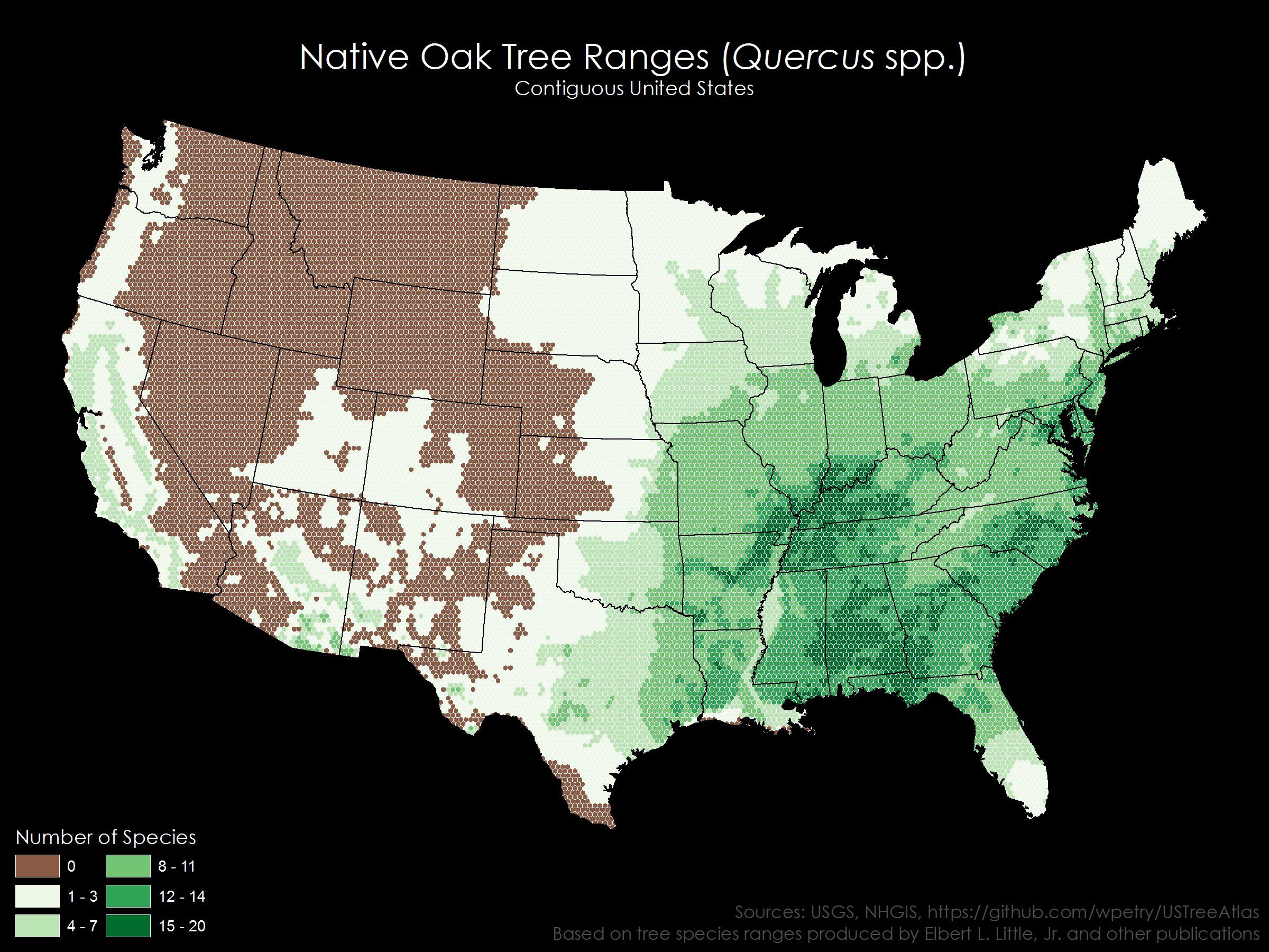 Native Oak Tree Ranges, Contiguous U.S. [OC] r/dataisbeautiful