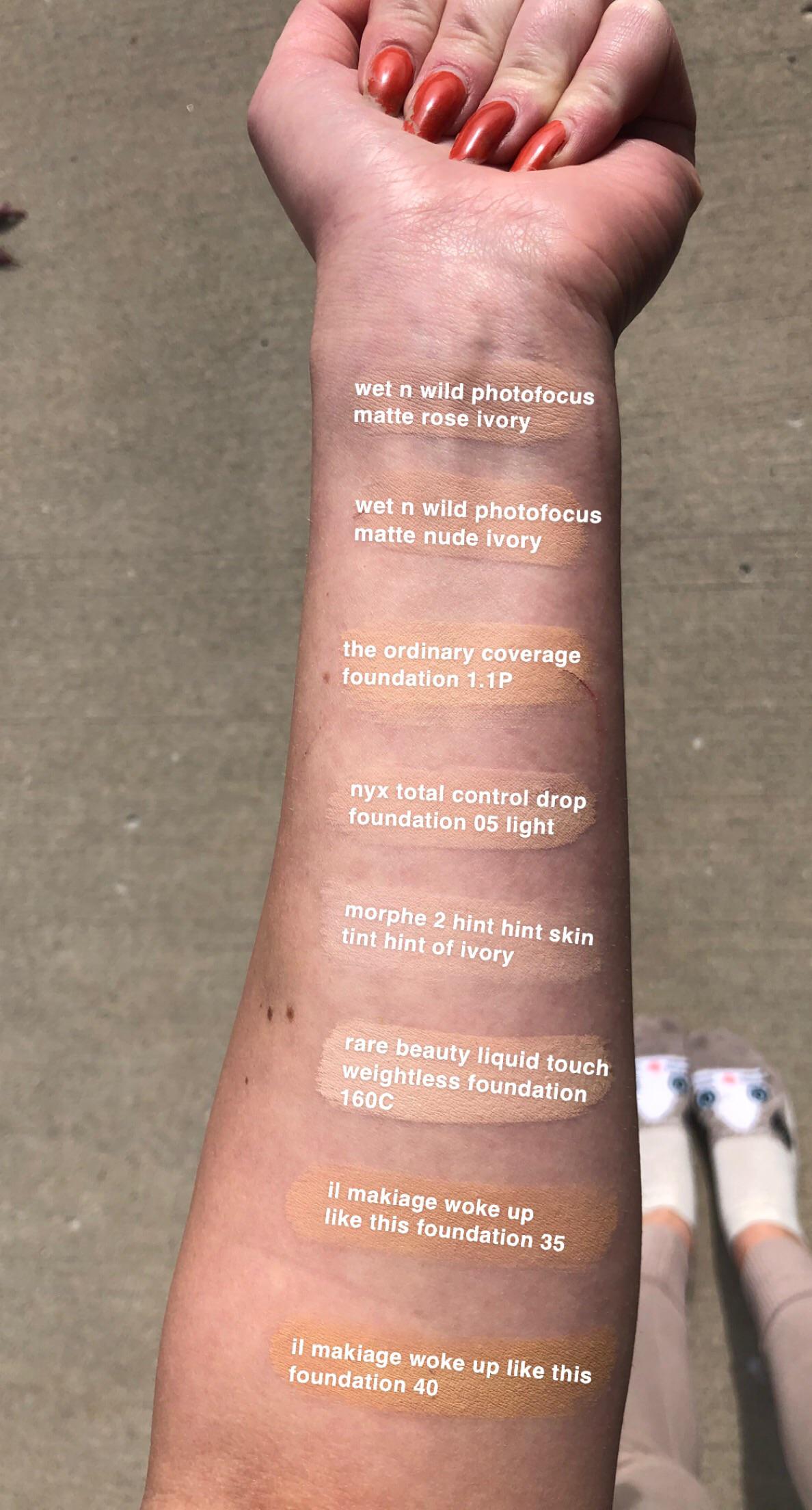 some foundation swatches on fairlight pink toned skin in direct