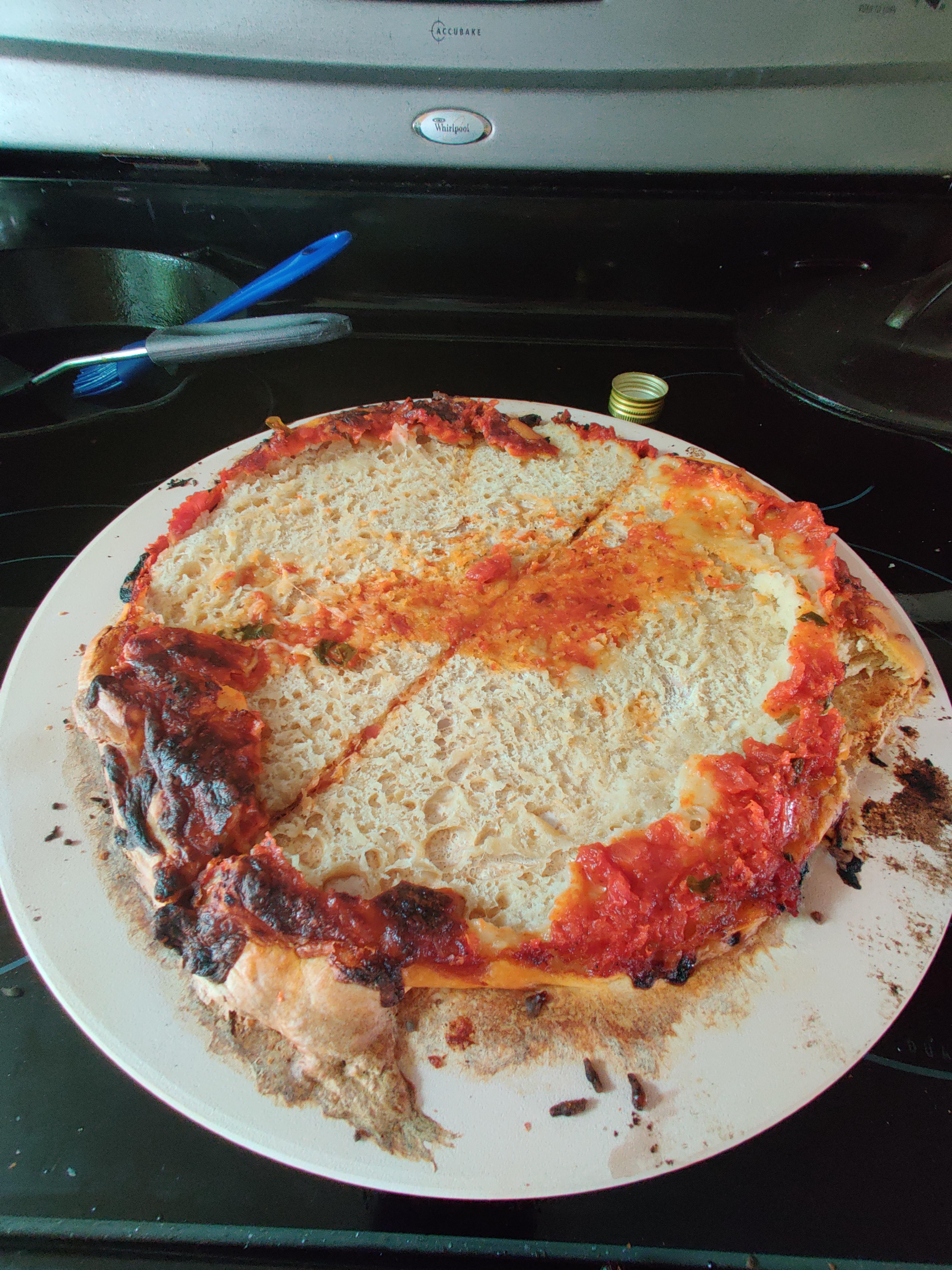 Homemade pizza for the first time. Didn't realize I had to put cornmeal