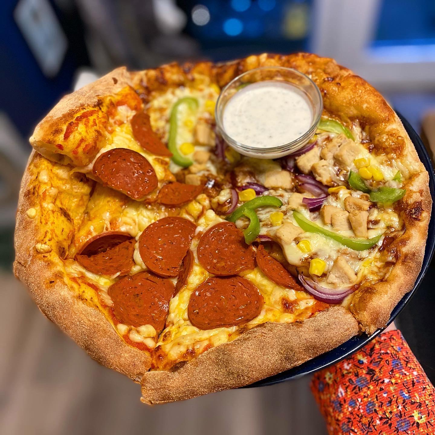 Vegan homemade “Dominos” Vegan Quorn pepperoni, Texas BBQ “chicken