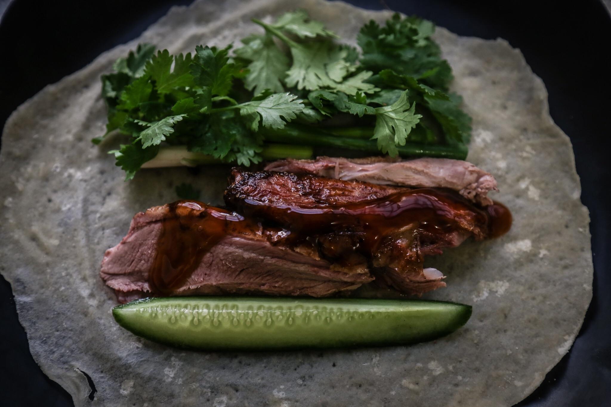 I roasted a duck on my rotisserie and made the pancakes from scratch