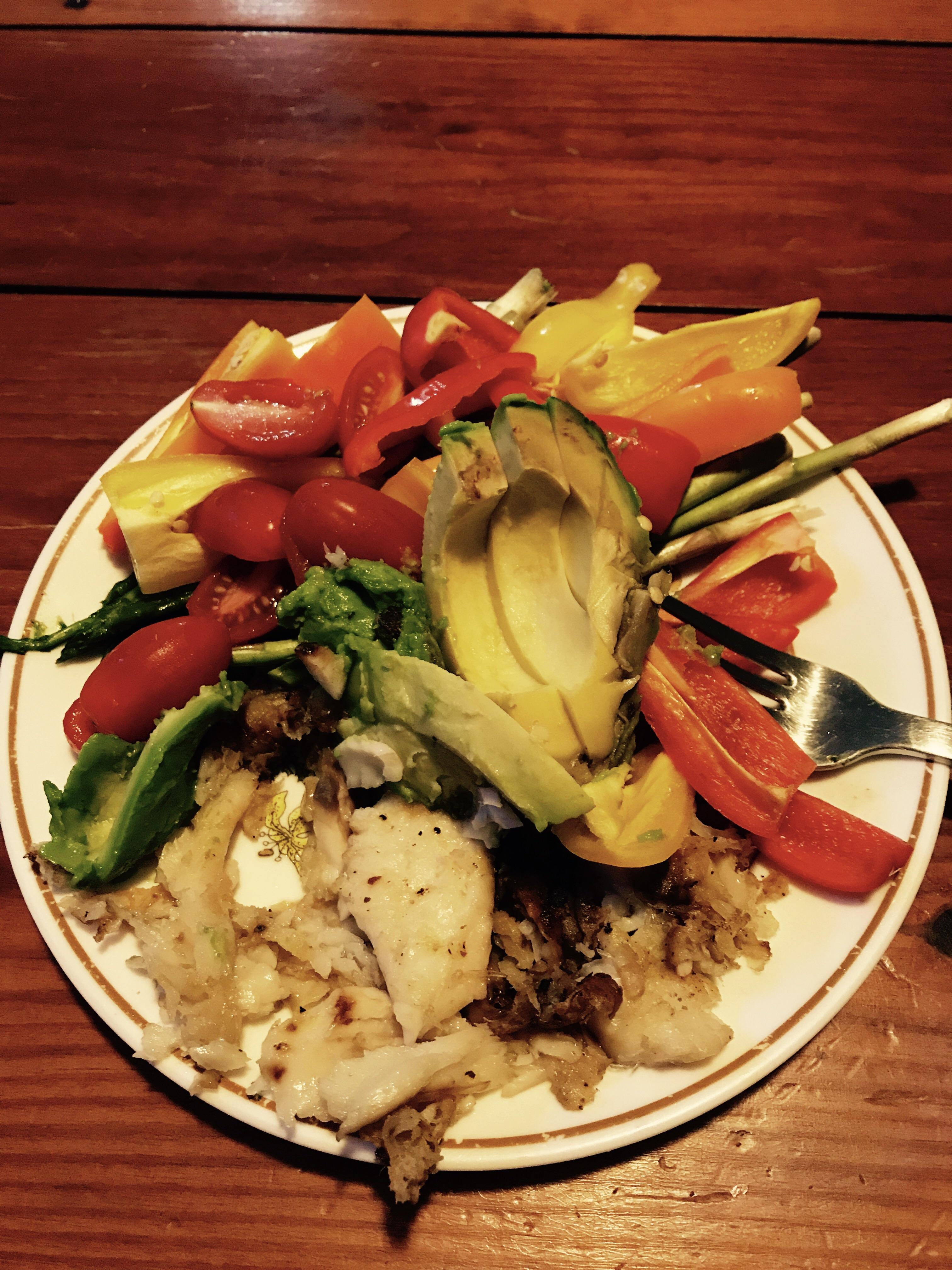 I think this counts. Grilled Tilapia with asparagus, sweet peppers, and