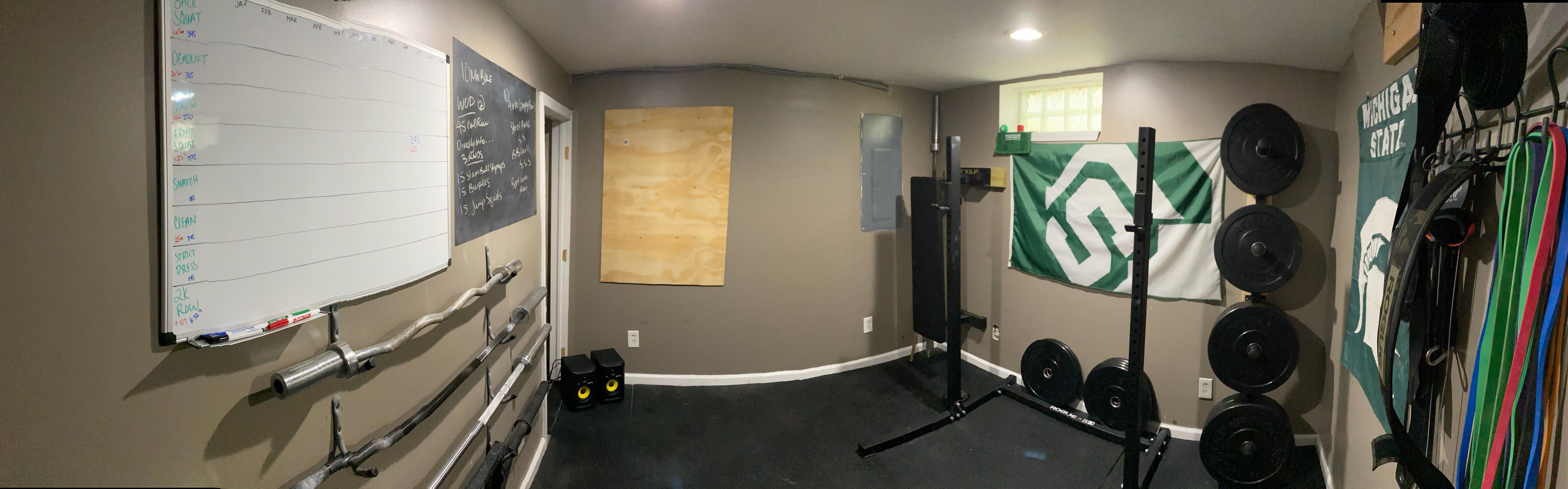 Plate storage is up, my 9x9’ pain cave is r/homegym