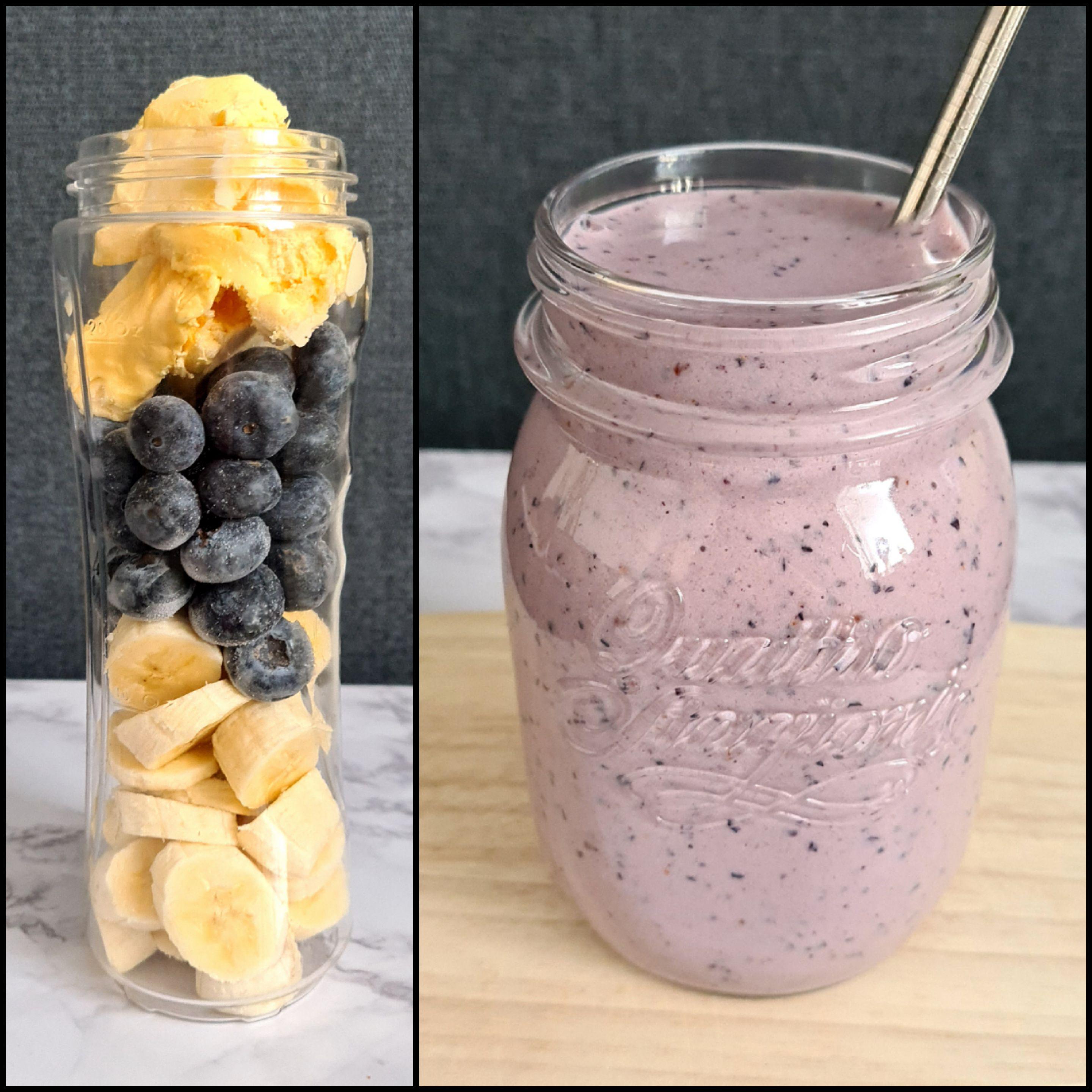 Frozen blueberries, banana, vanilla icecream, blended with almond milk