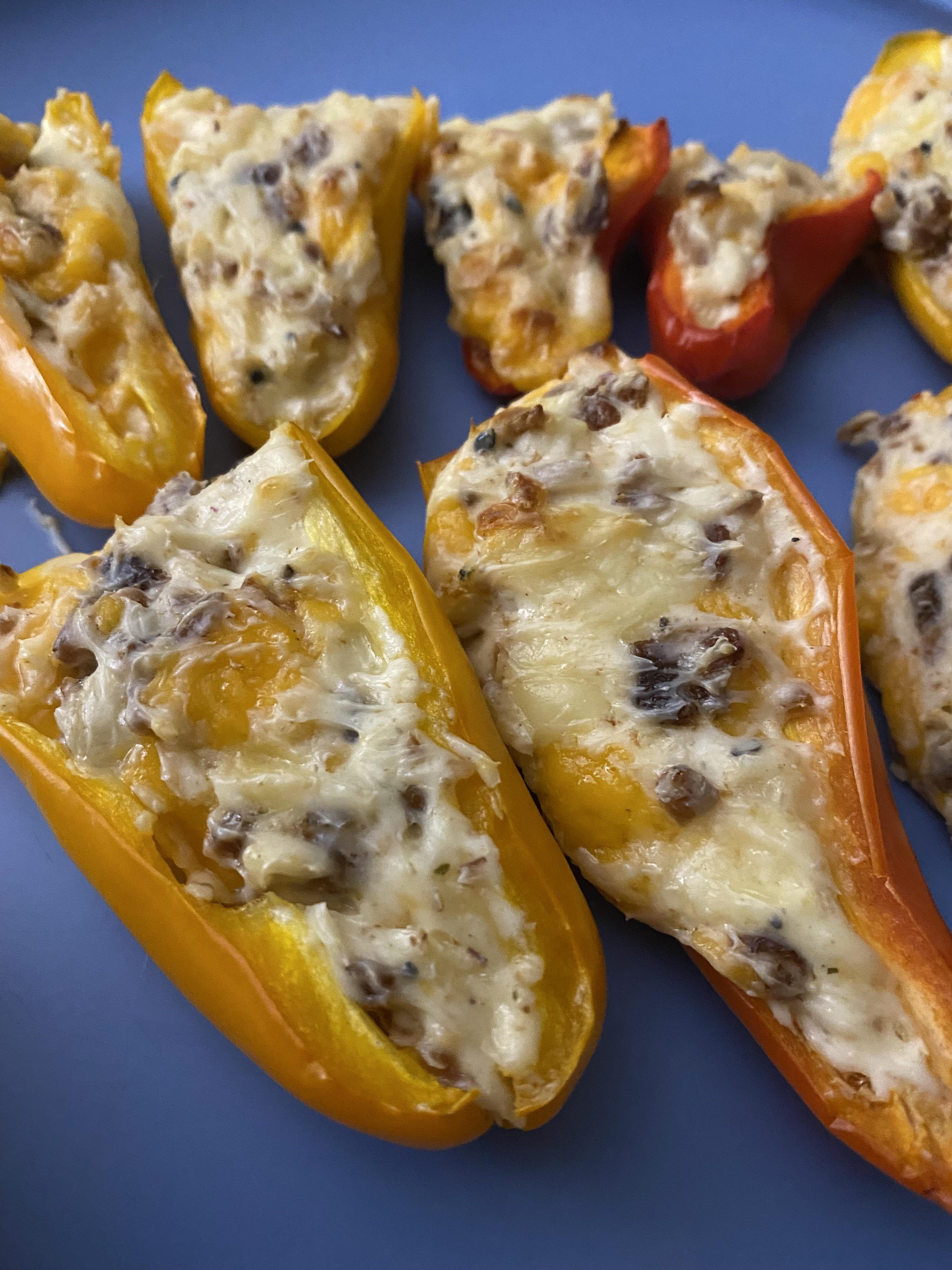 [homemade] roast sweet peppers stuffed with cream cheese, bacon, onion