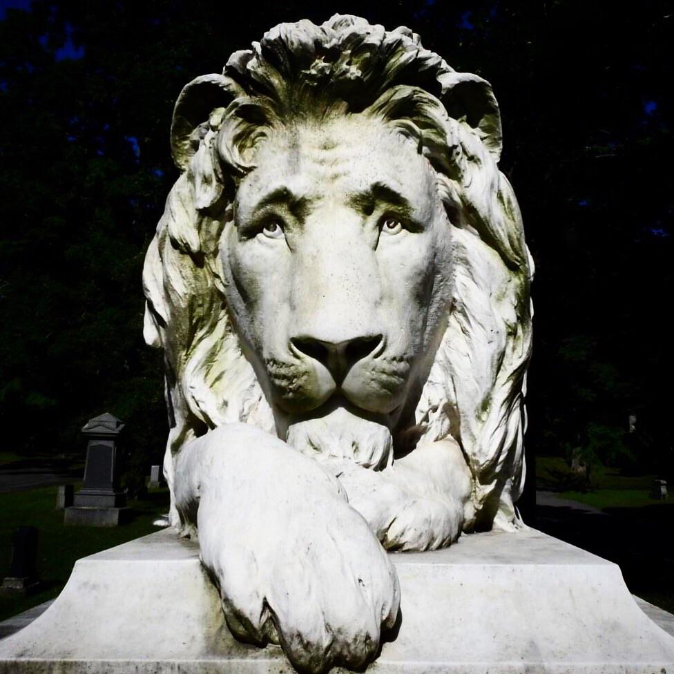 The AyerLion, a life size white Italian marble lion commissioned from
