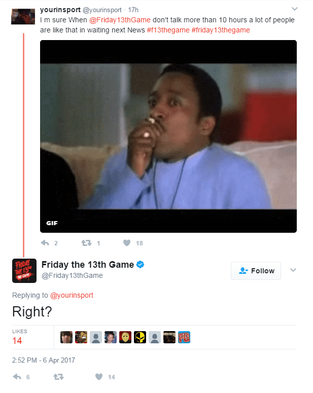 Latest tweet, 16 hours ago r/F13thegame