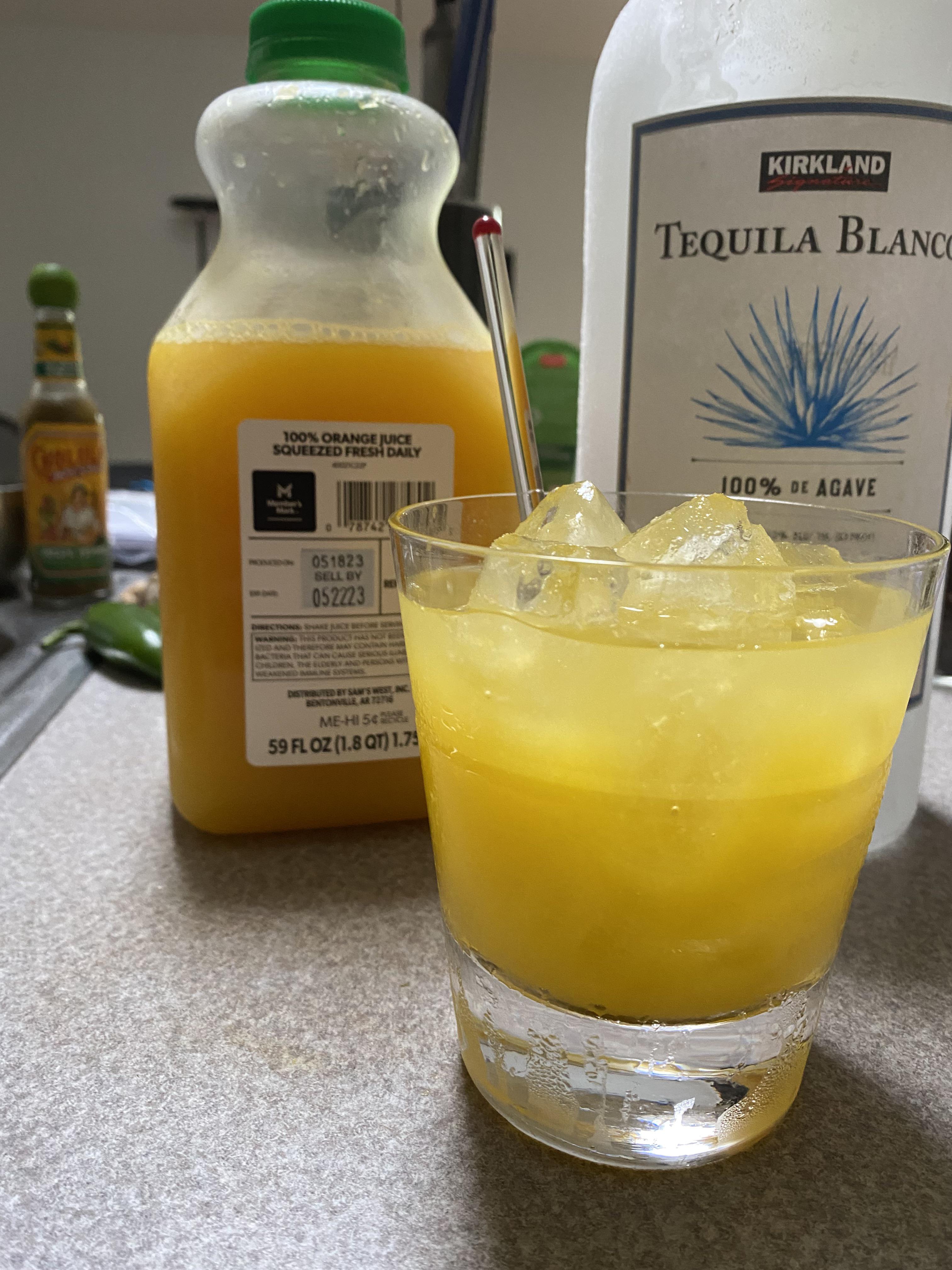 Costco Tequila, Sam’s Club fresh squeezed, (unpasteurized,) OJ, Home