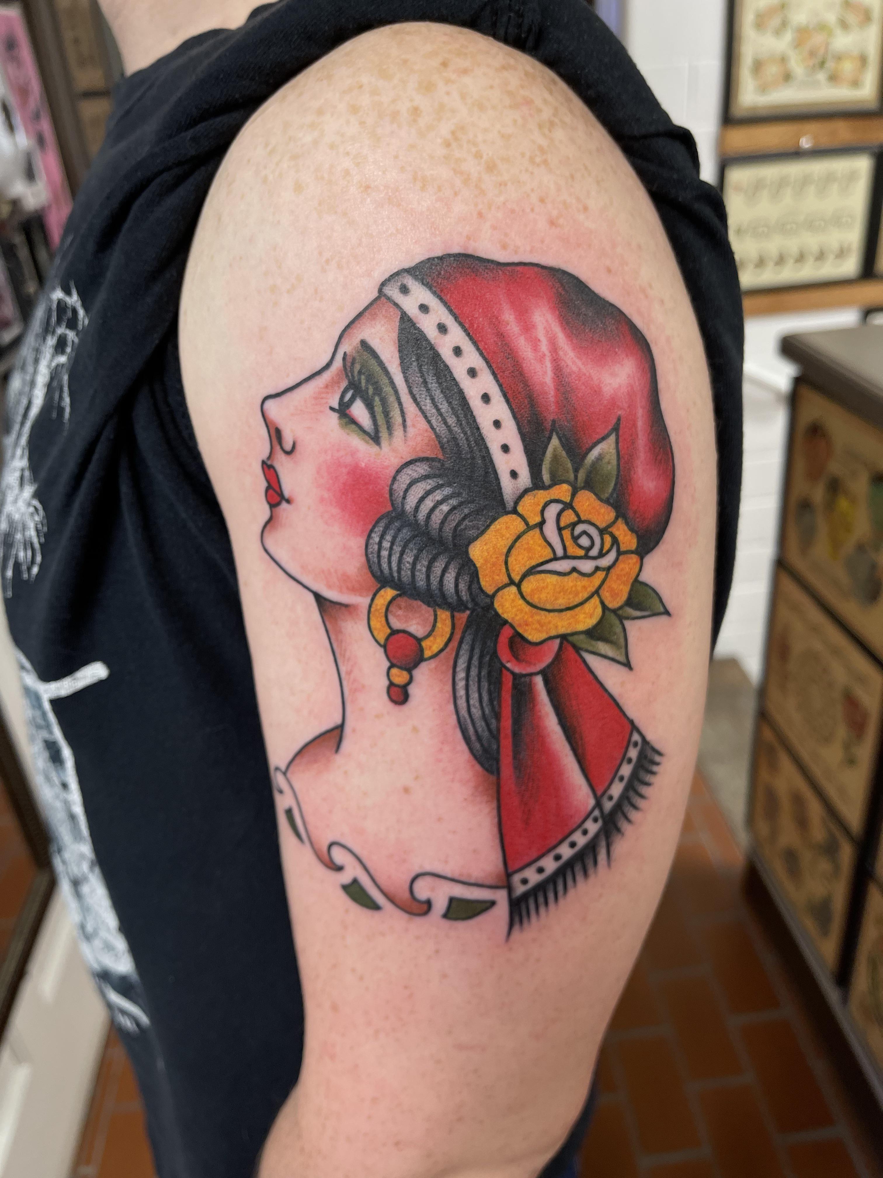 The start of my traditional sleeve w/ this beautiful gypsy girl. Tim