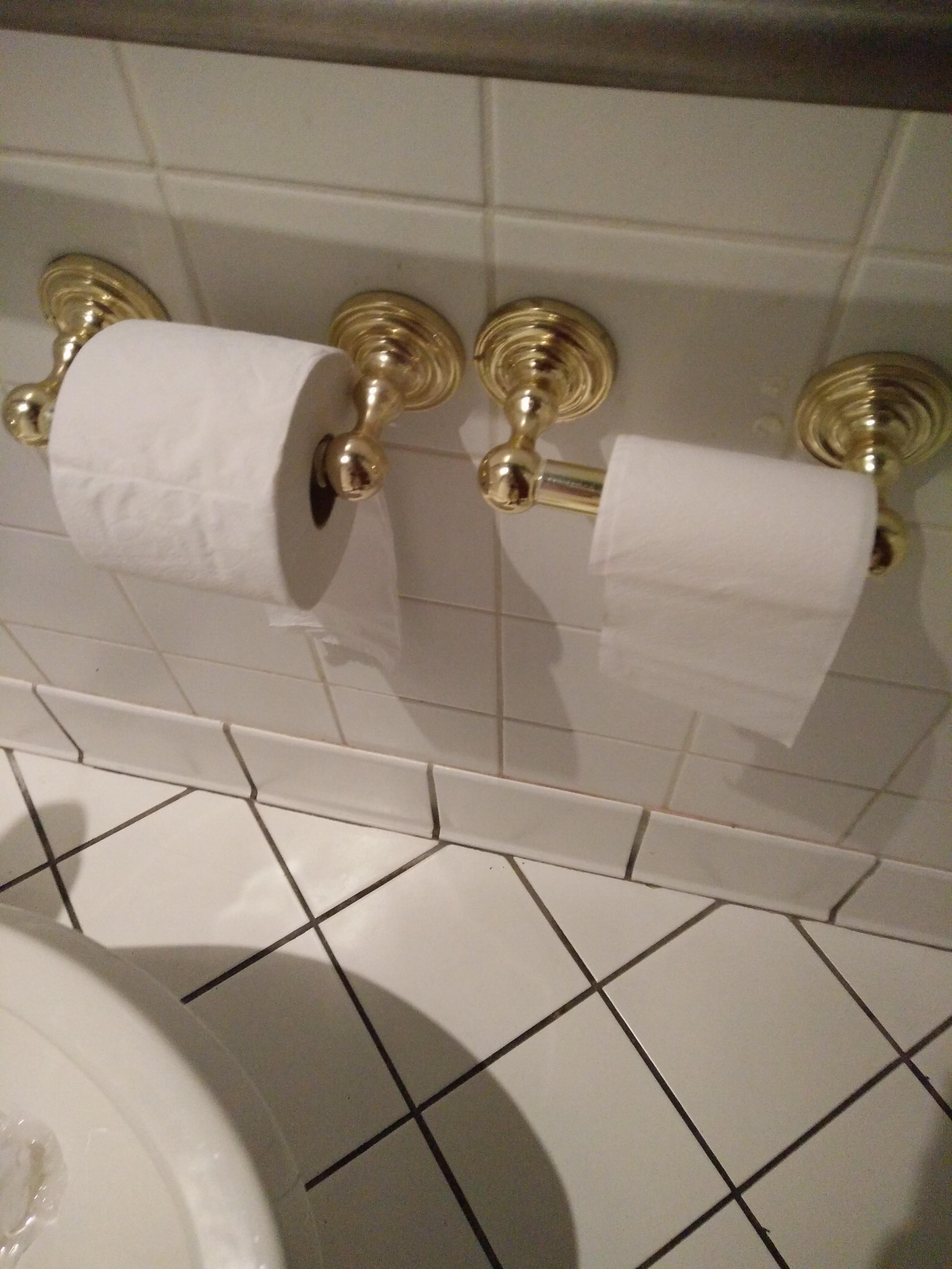 Should toilet paper roll over or under? A public restroom with a roll