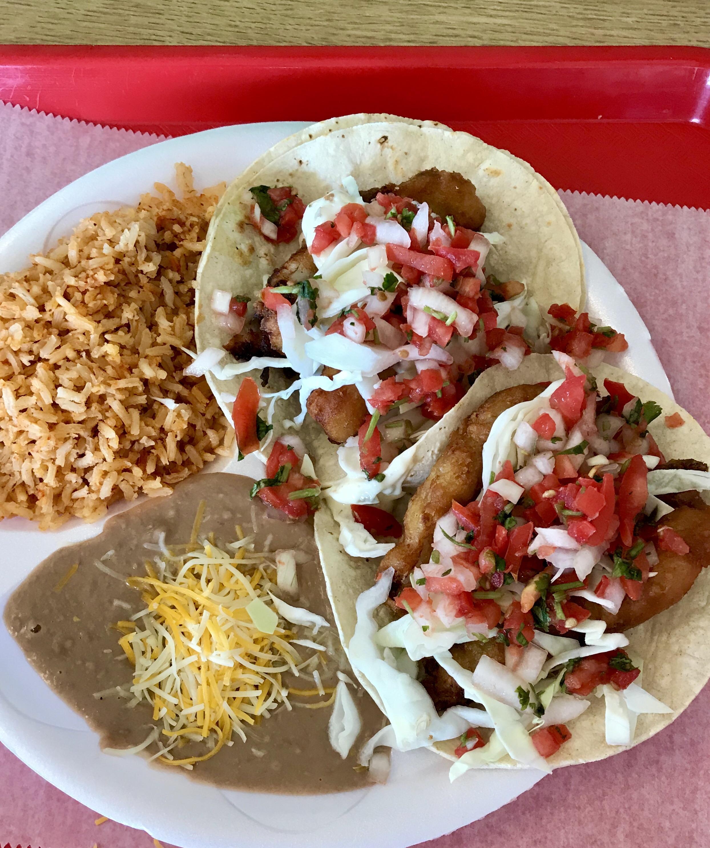 [I ate] Fish tacos with rice and refried beans r/food