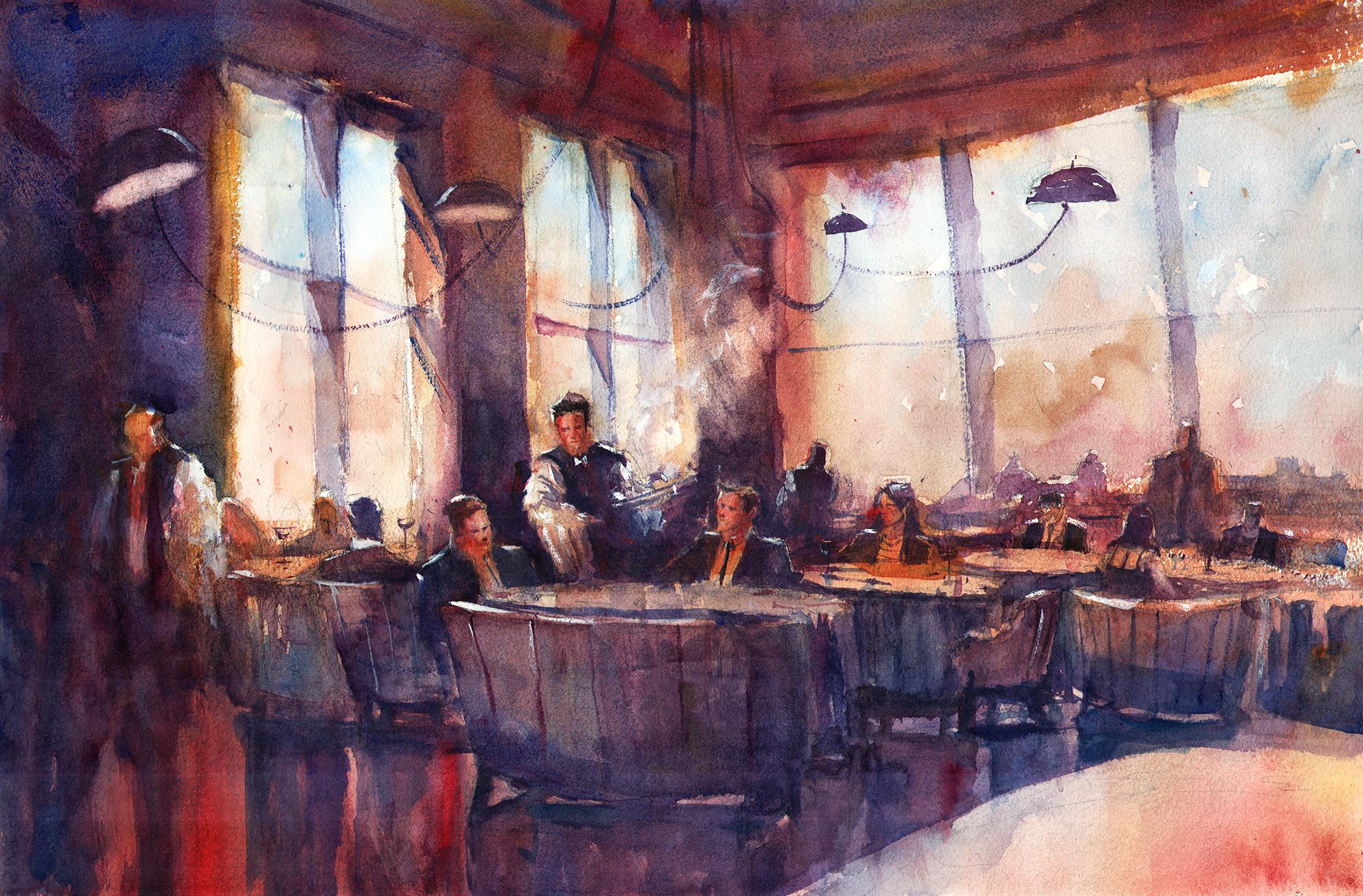 Just finished painting this restaurant interior in watercolor r/pics