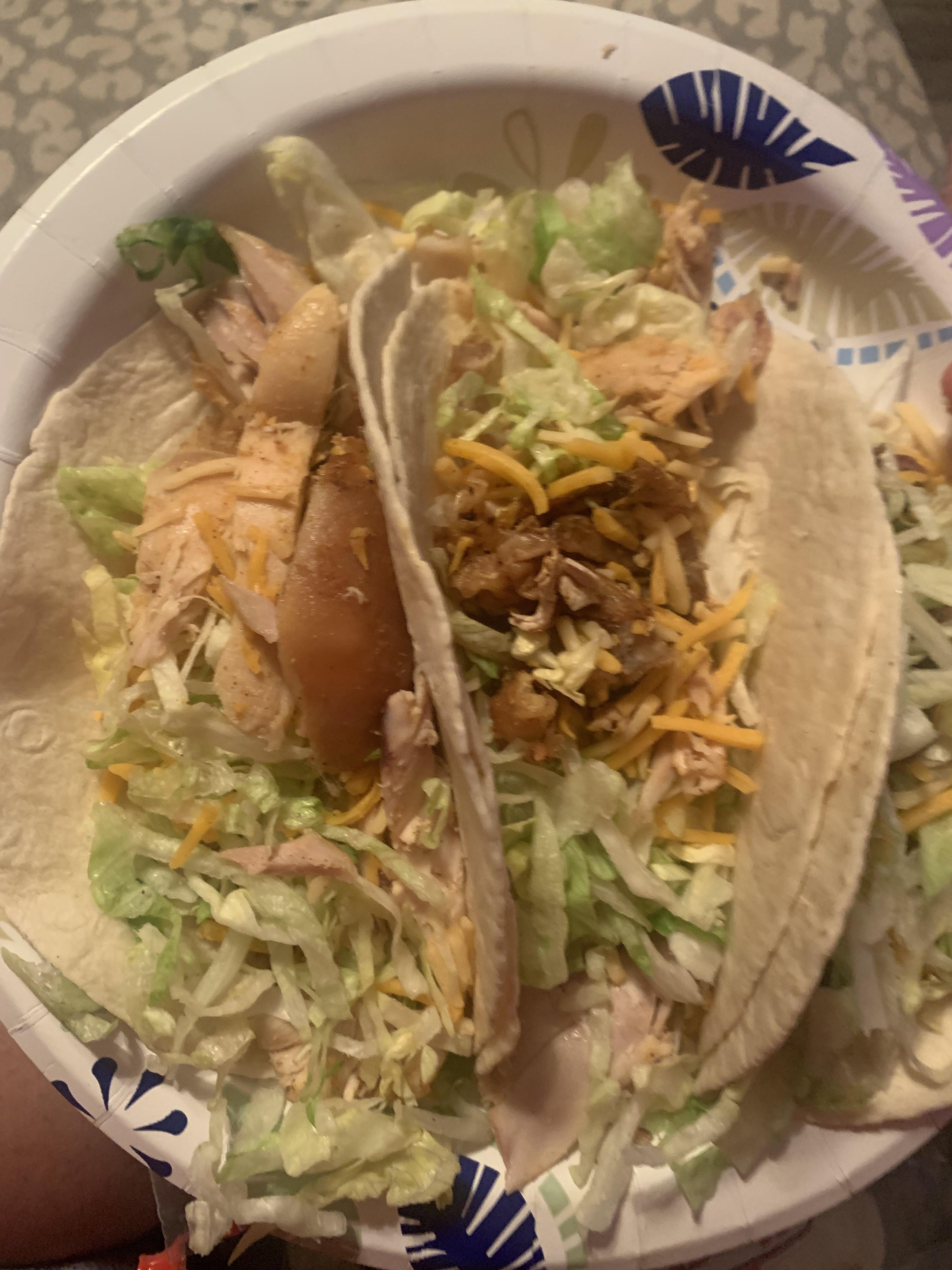 Chicken tacos with market basket rotisserie chicken reheated in the air