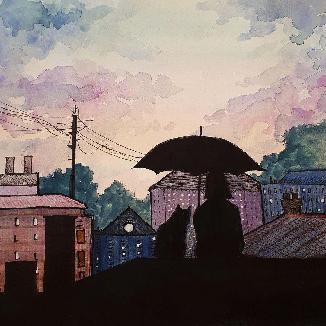 Lofi aesthetic inspired illustration, with watercolor and ink r