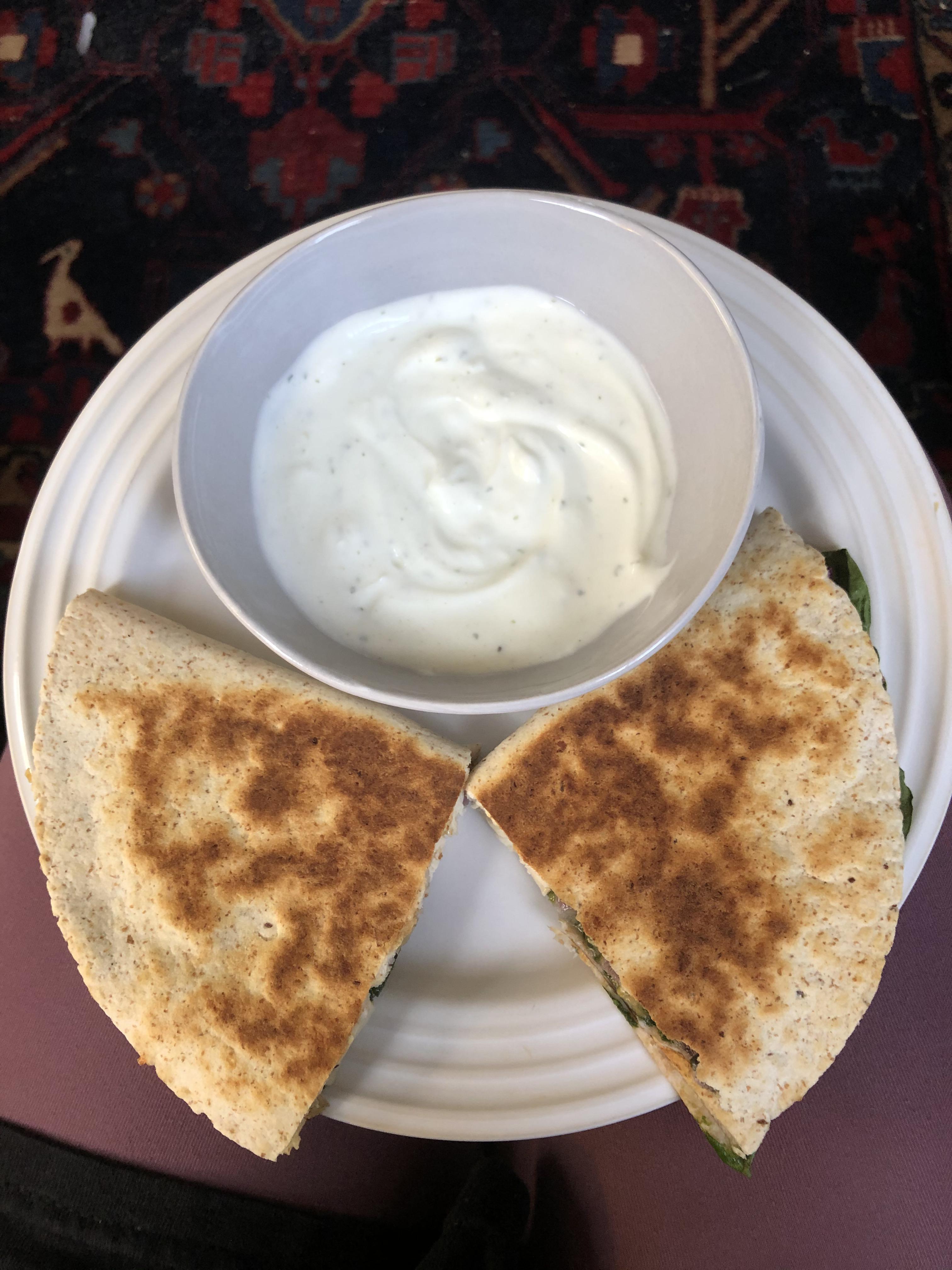 Chicken & spinach quesadilla with ranch seasoned greek yogurt, all for around 240 calories r