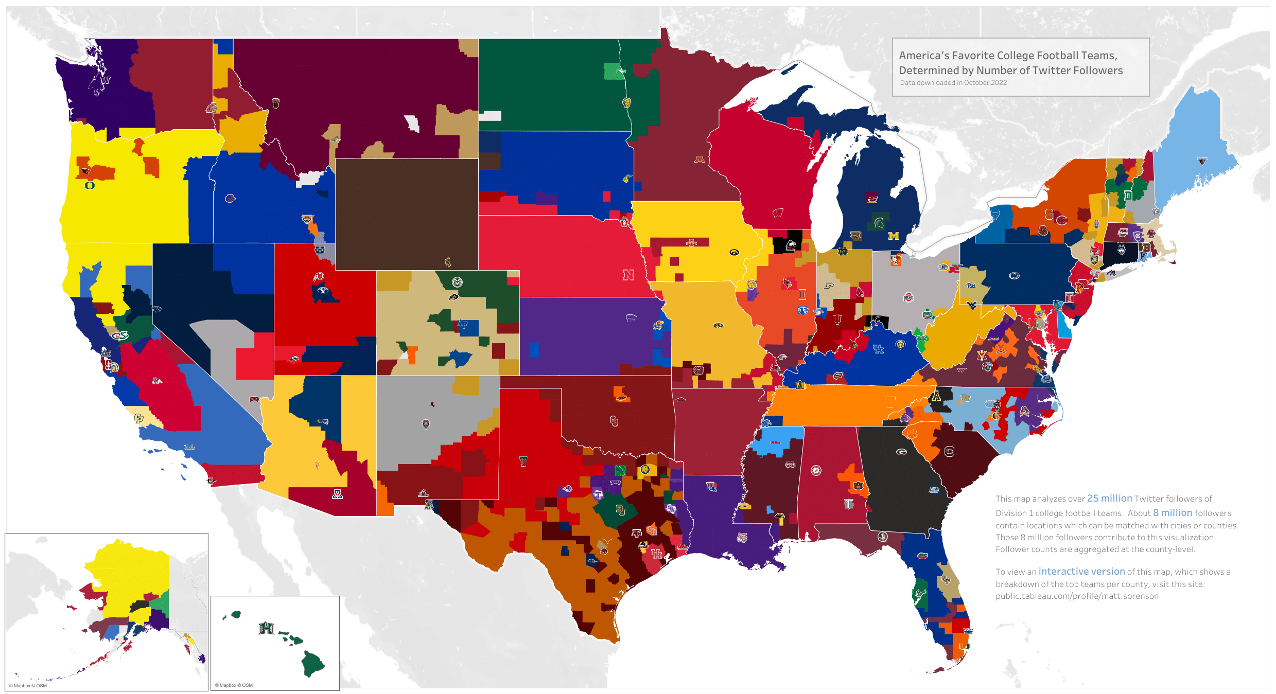 Map of the most popular Division 1 college football teams in the US