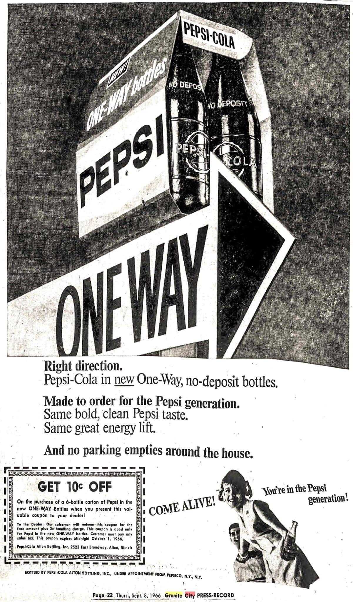 Pepsi, NonReturnable Bottles 1966.Just throw them away!!!!! r
