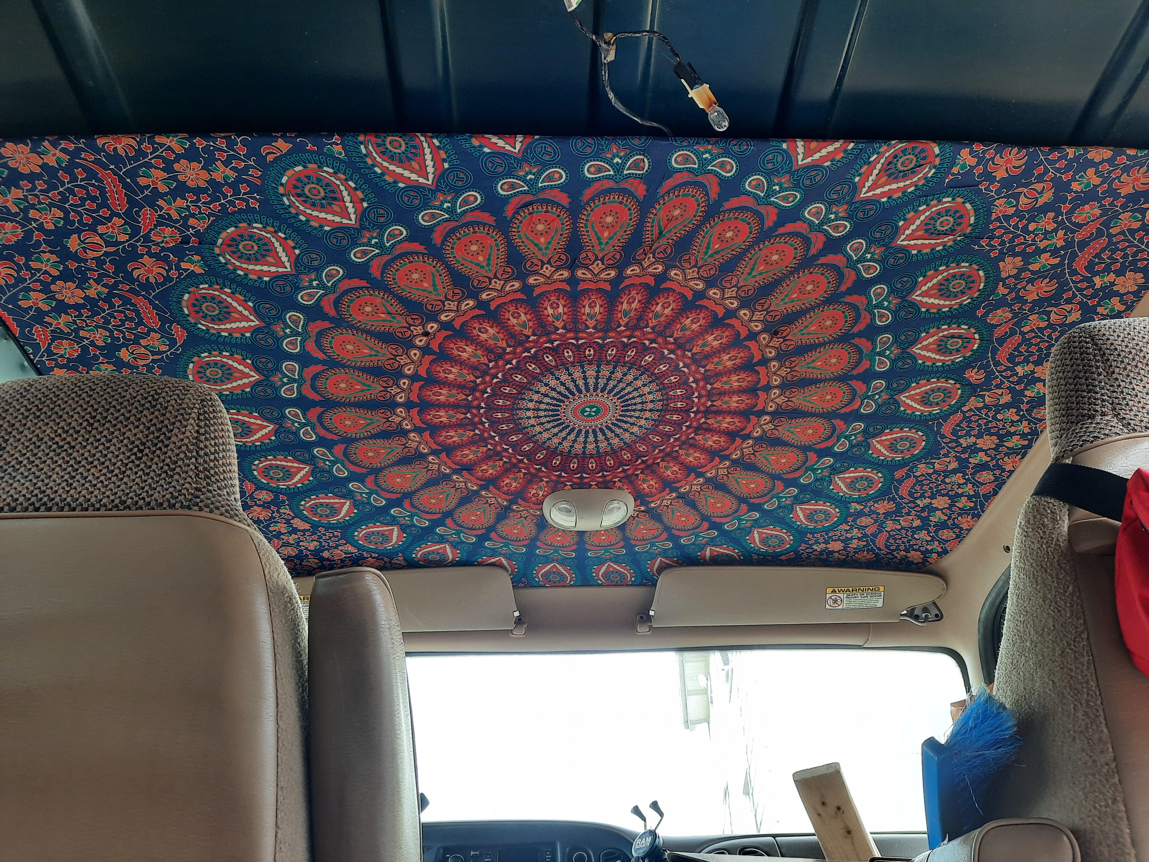 Tapestry glued,headliner shortened, and finally reinstalled r