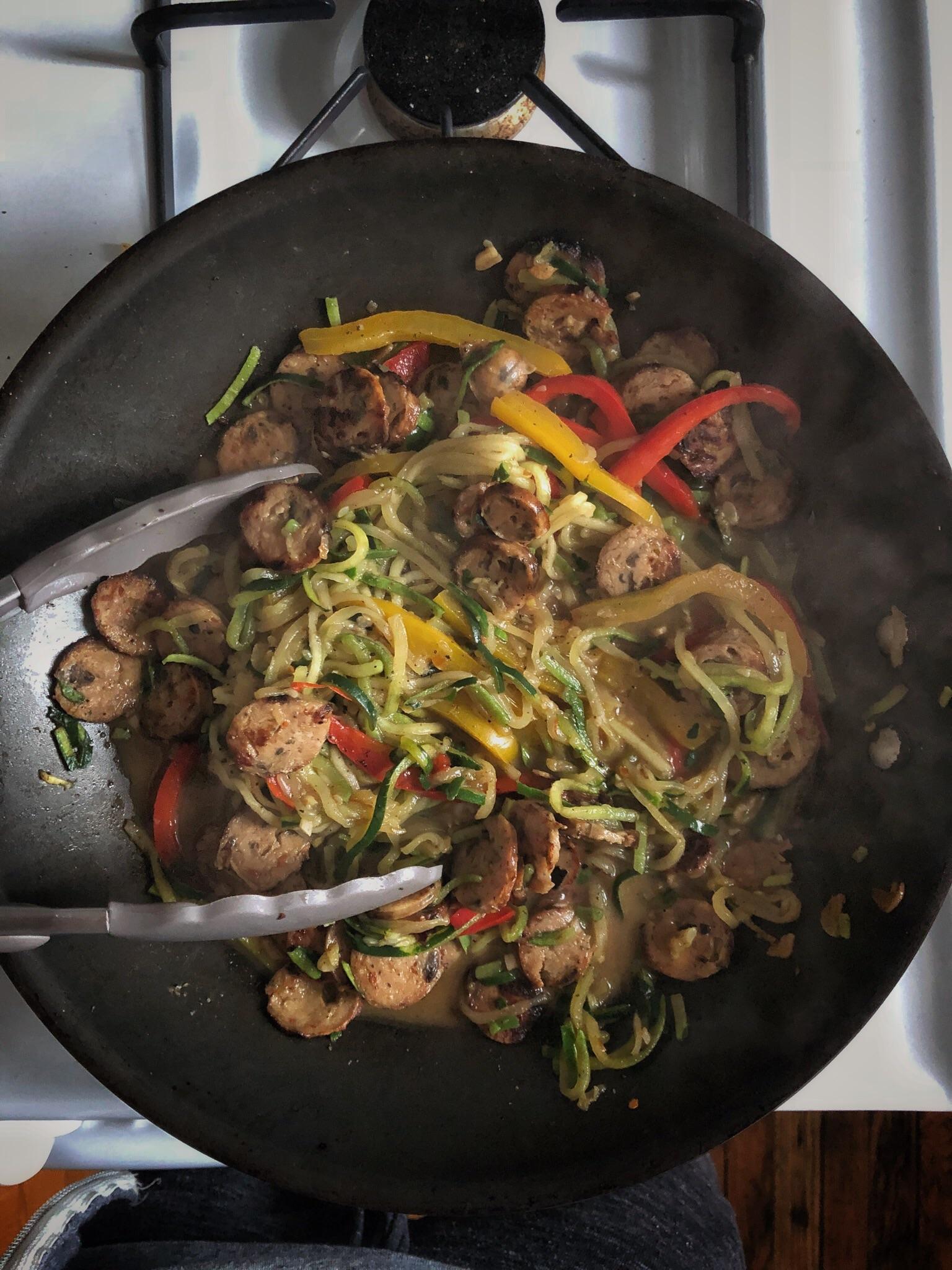 Zoodles, Mushroom Chicken Sausages and Bell Pepper 342 cal for the