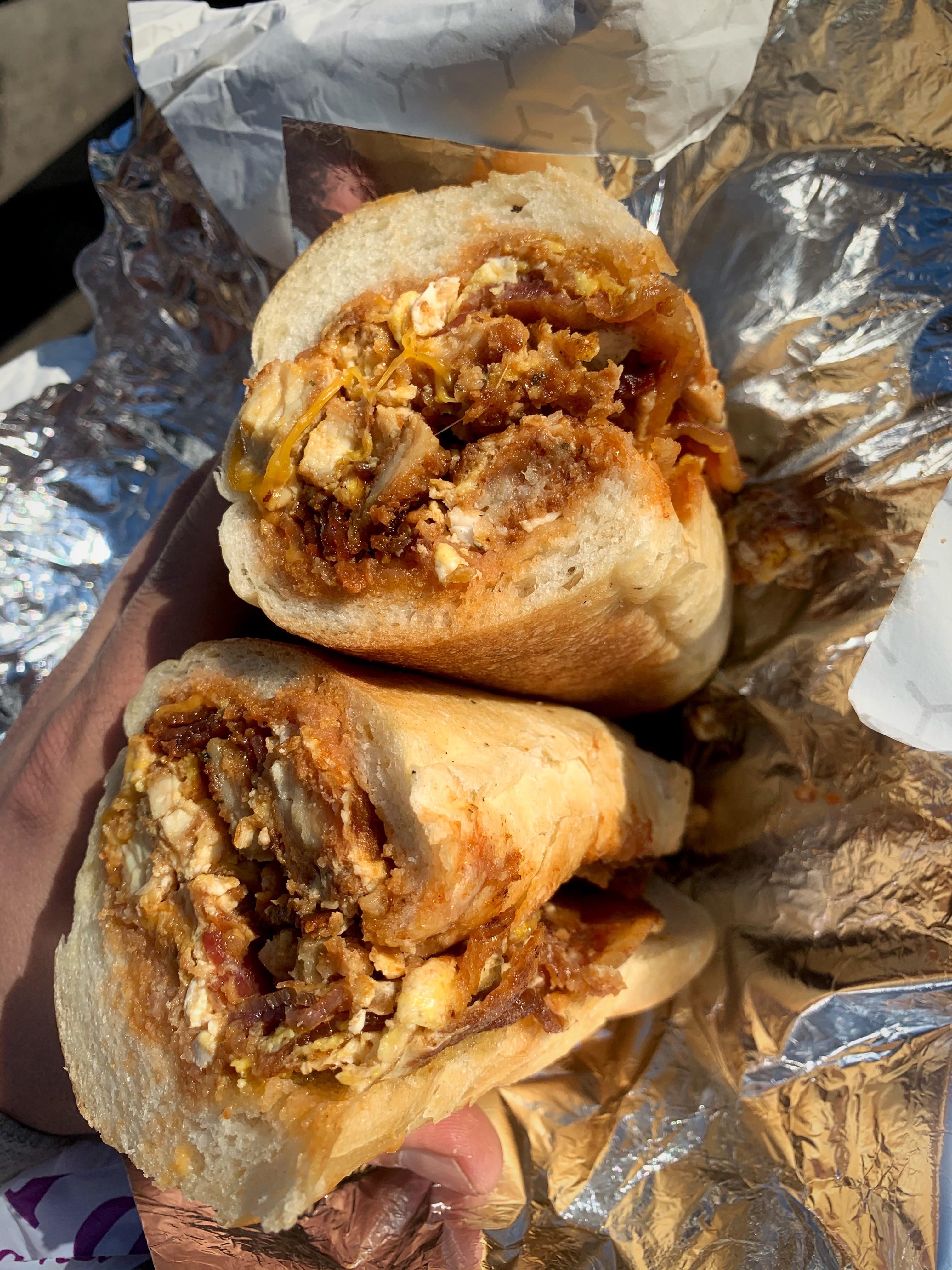 The hangover special chopped chicken cutlet, fried eggs, cheddar