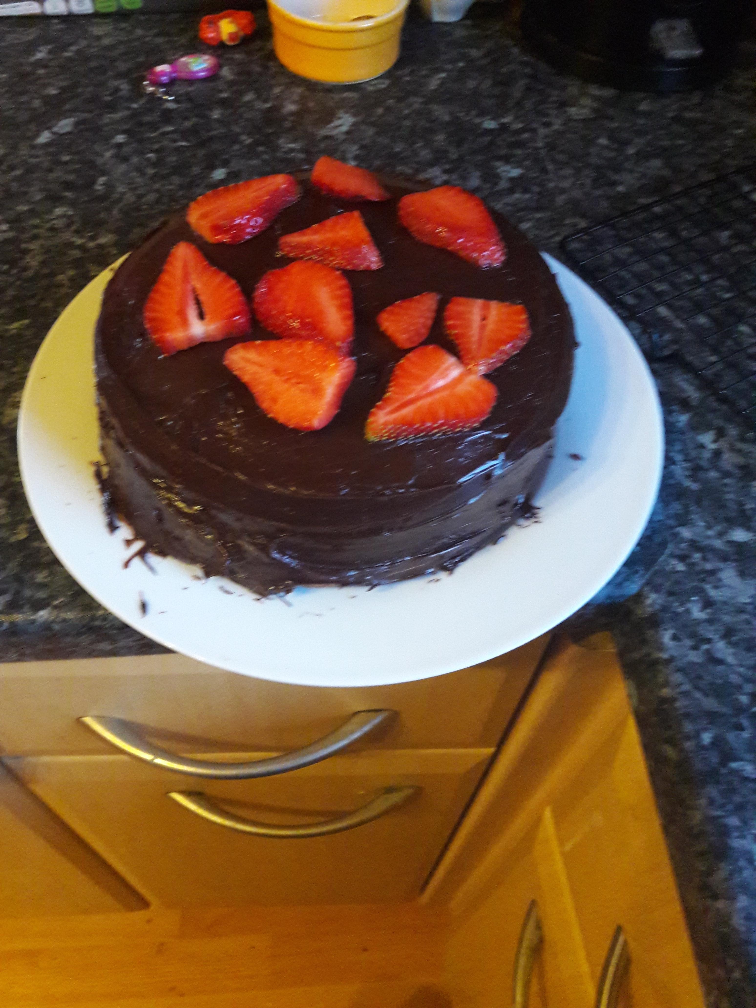 Chocolate fudge cake with strawberries as part of my bake a cake