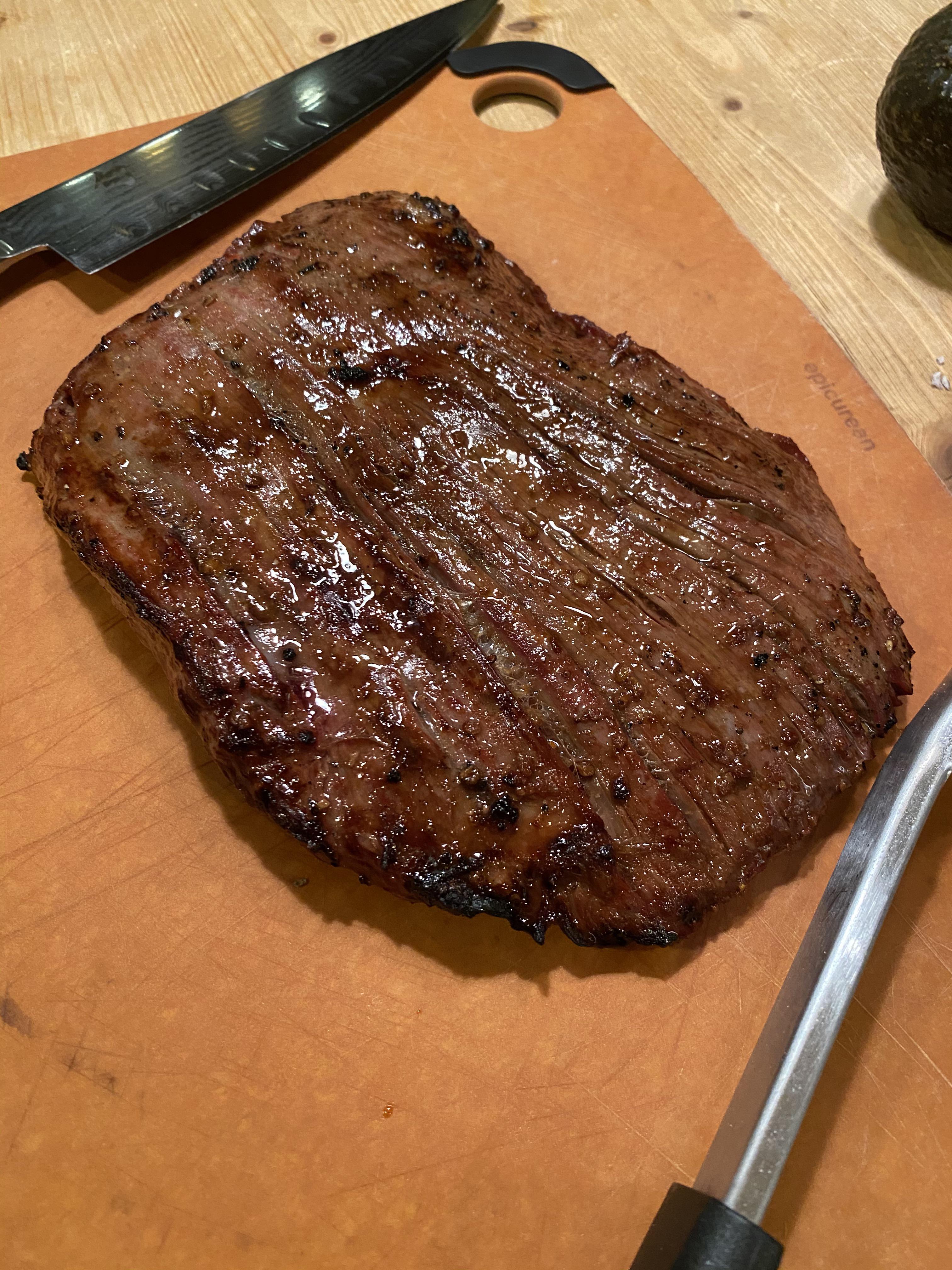 Flank steak on the BGE! Seared at 500 degrees, 3 minutes each side