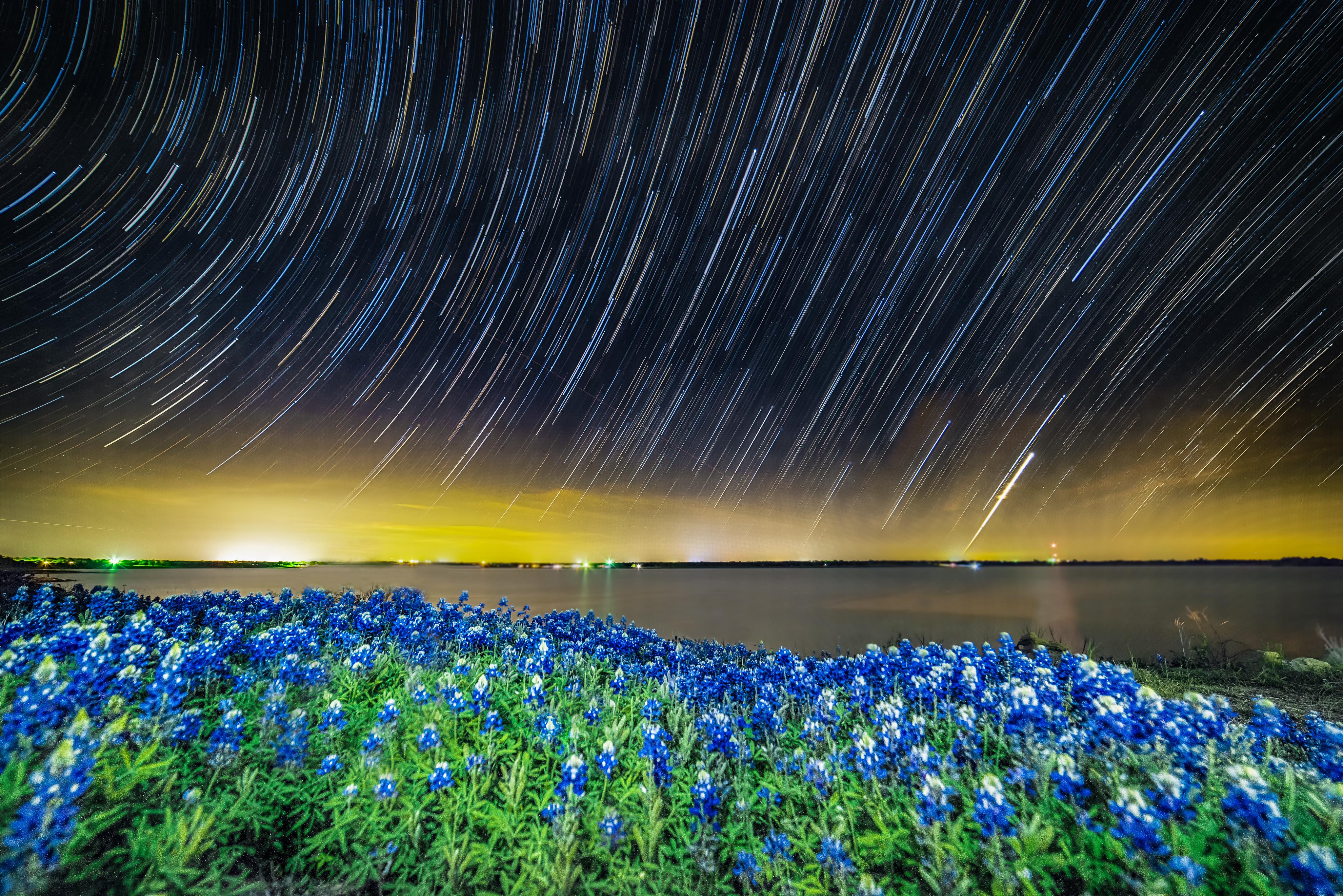 Stars trailing over Texas Lake Proctor, TX. [OC