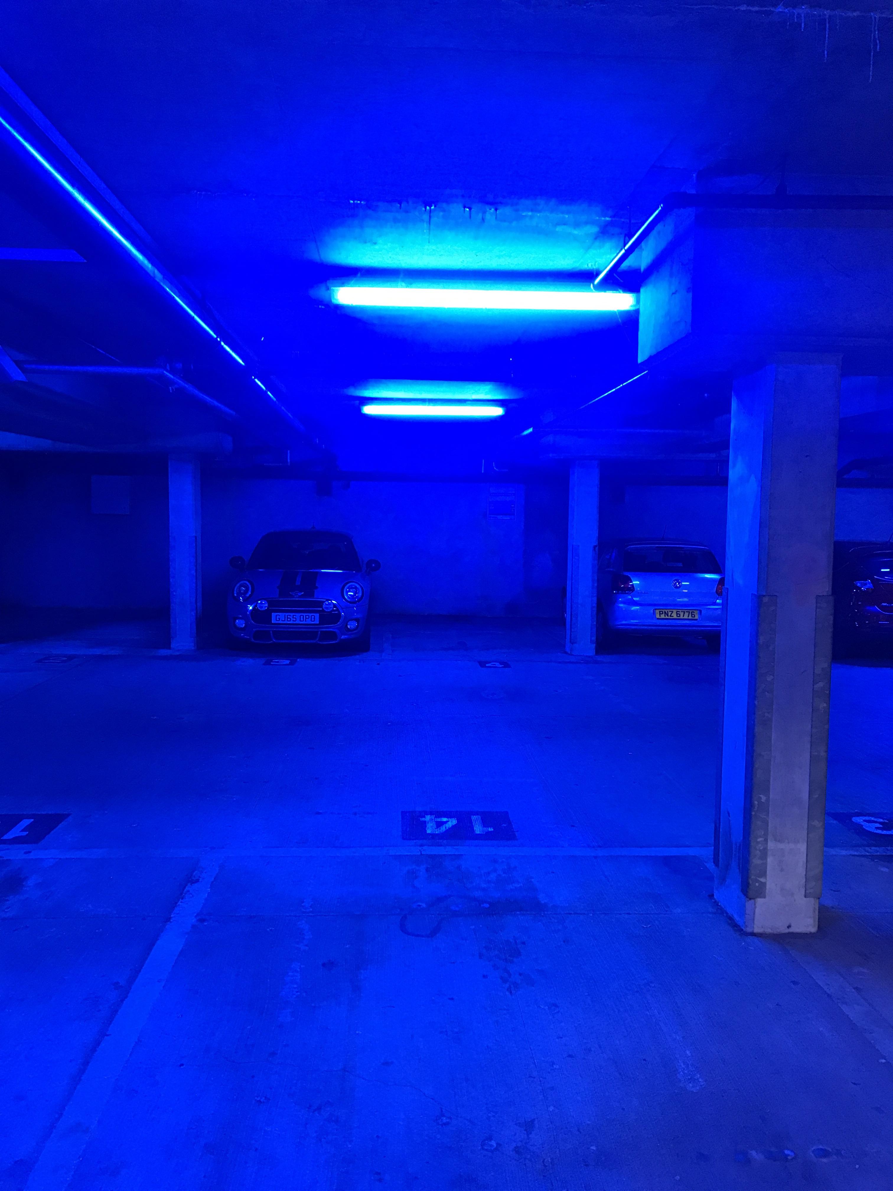 Why are these lights in a private underground parking garage blue? They