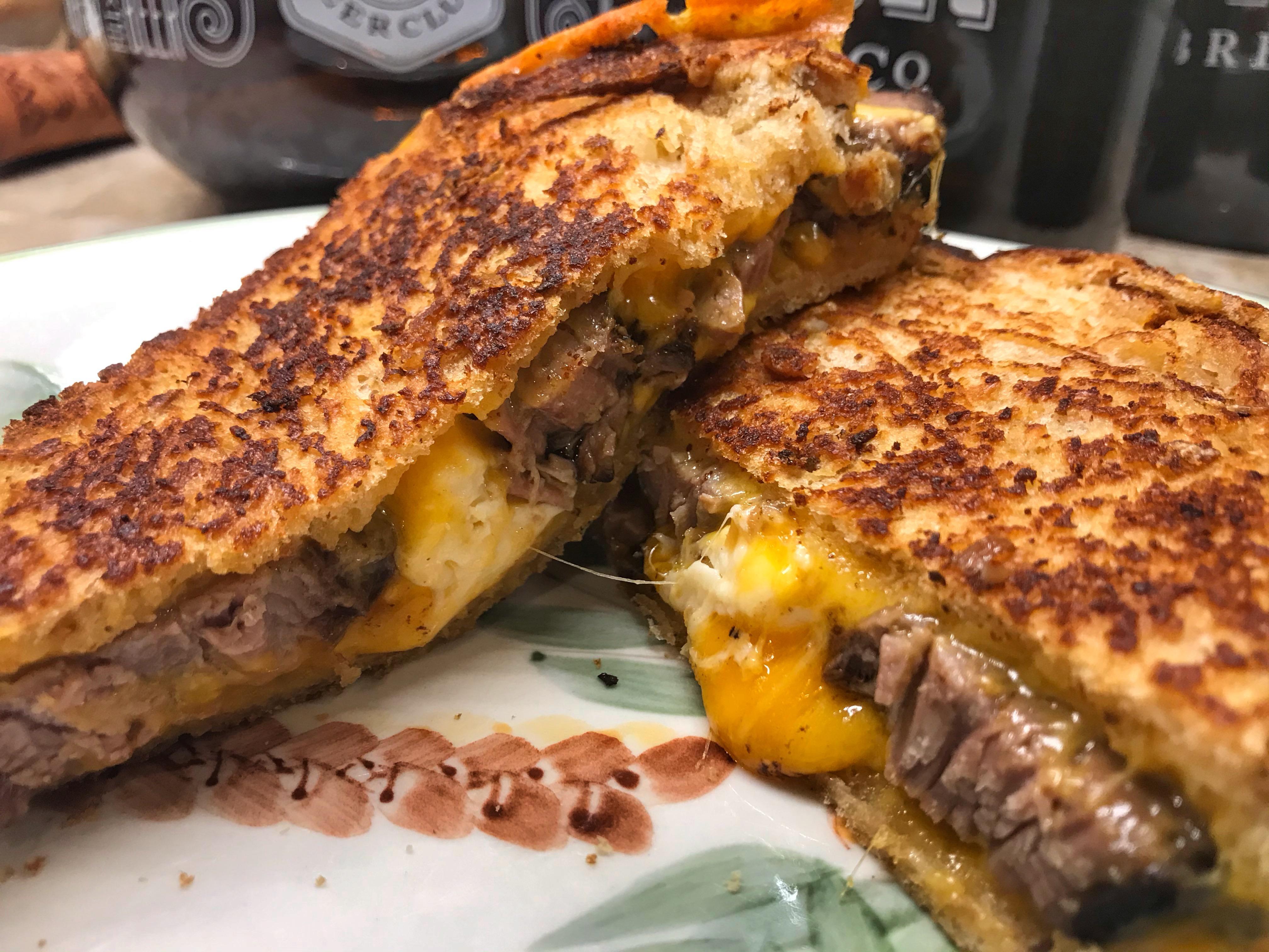 Brisket grilled cheese. Creamy Swiss, sharp cheddar, applewood smoked