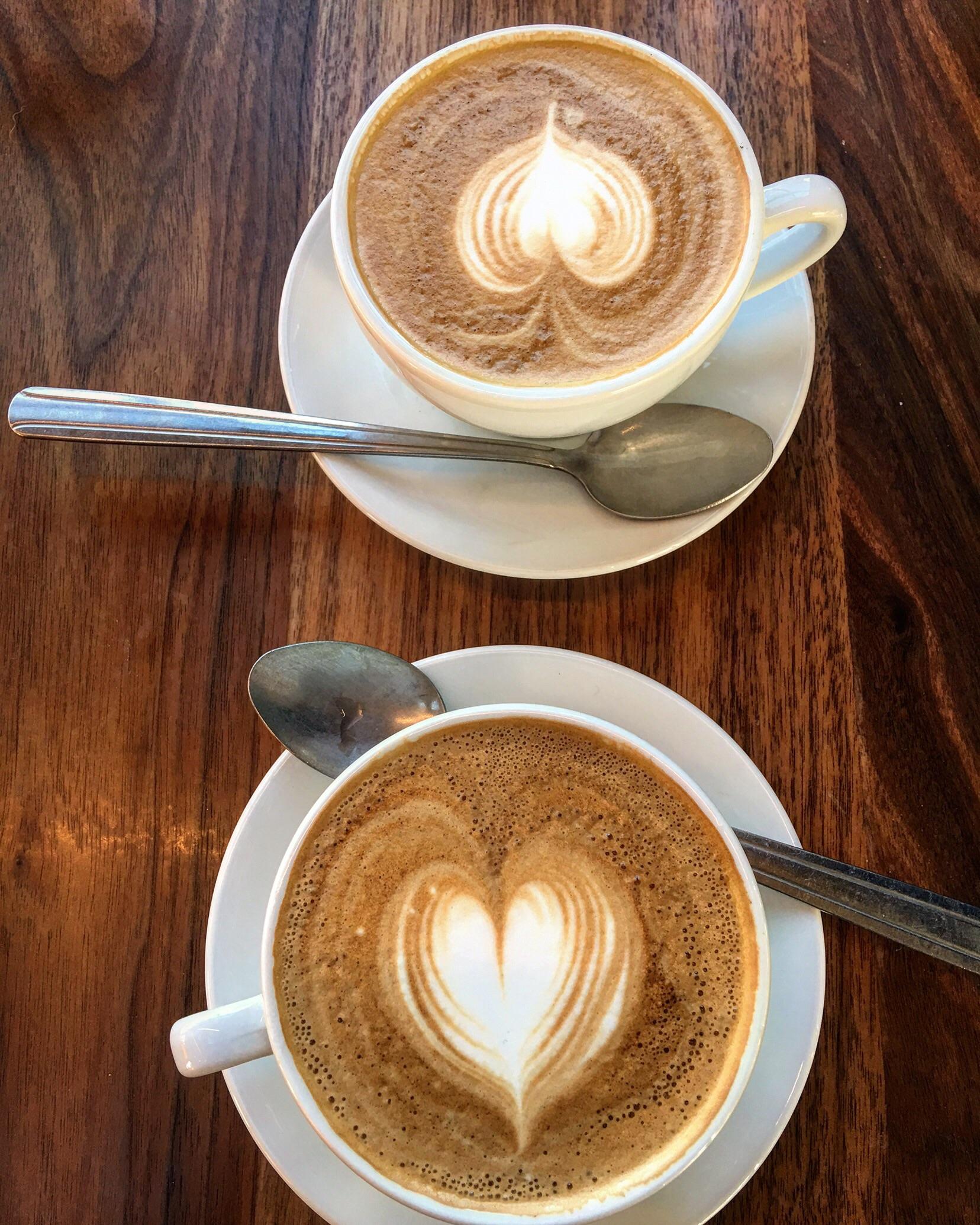 Two cappuccinos in Philadelphia at La Colombe Coffee shop (OC