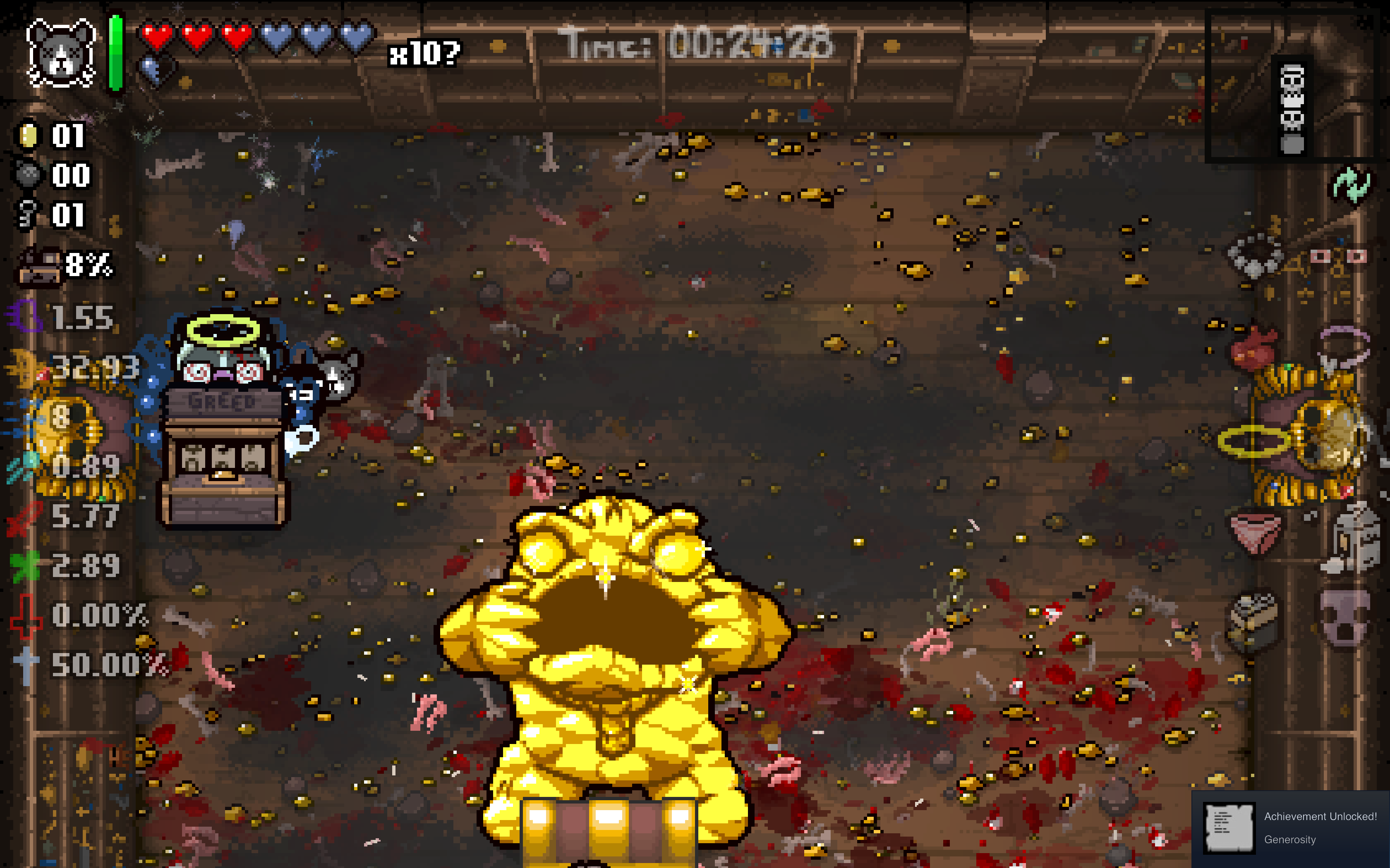 When you finish a greed mode run with EXACTLY enough coins to unlock