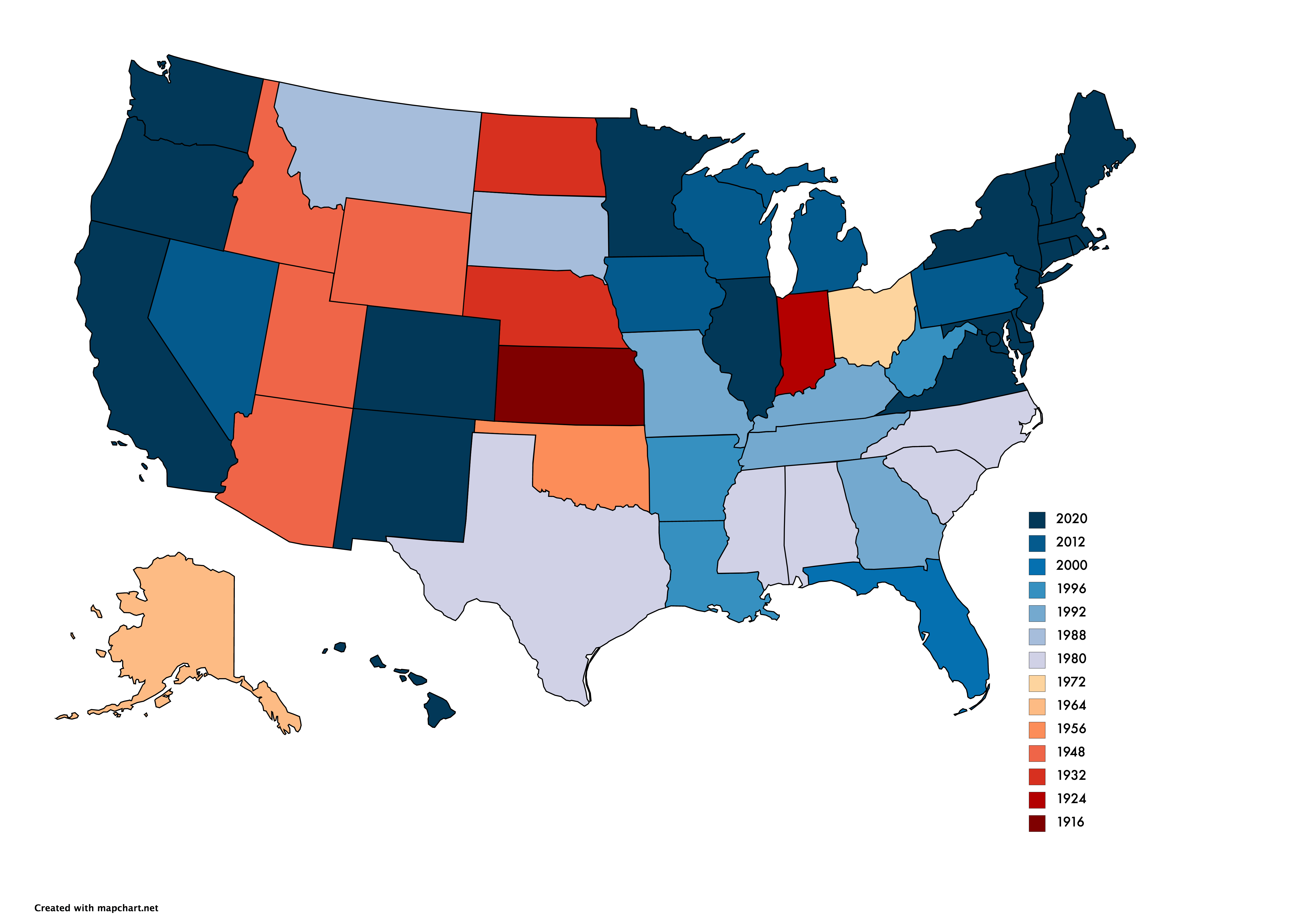 The last time each US State voted more Democratic than the national