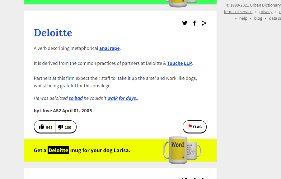Speaking of Deloitte puns, Urban Dictionary has a hot take r/Accounting
