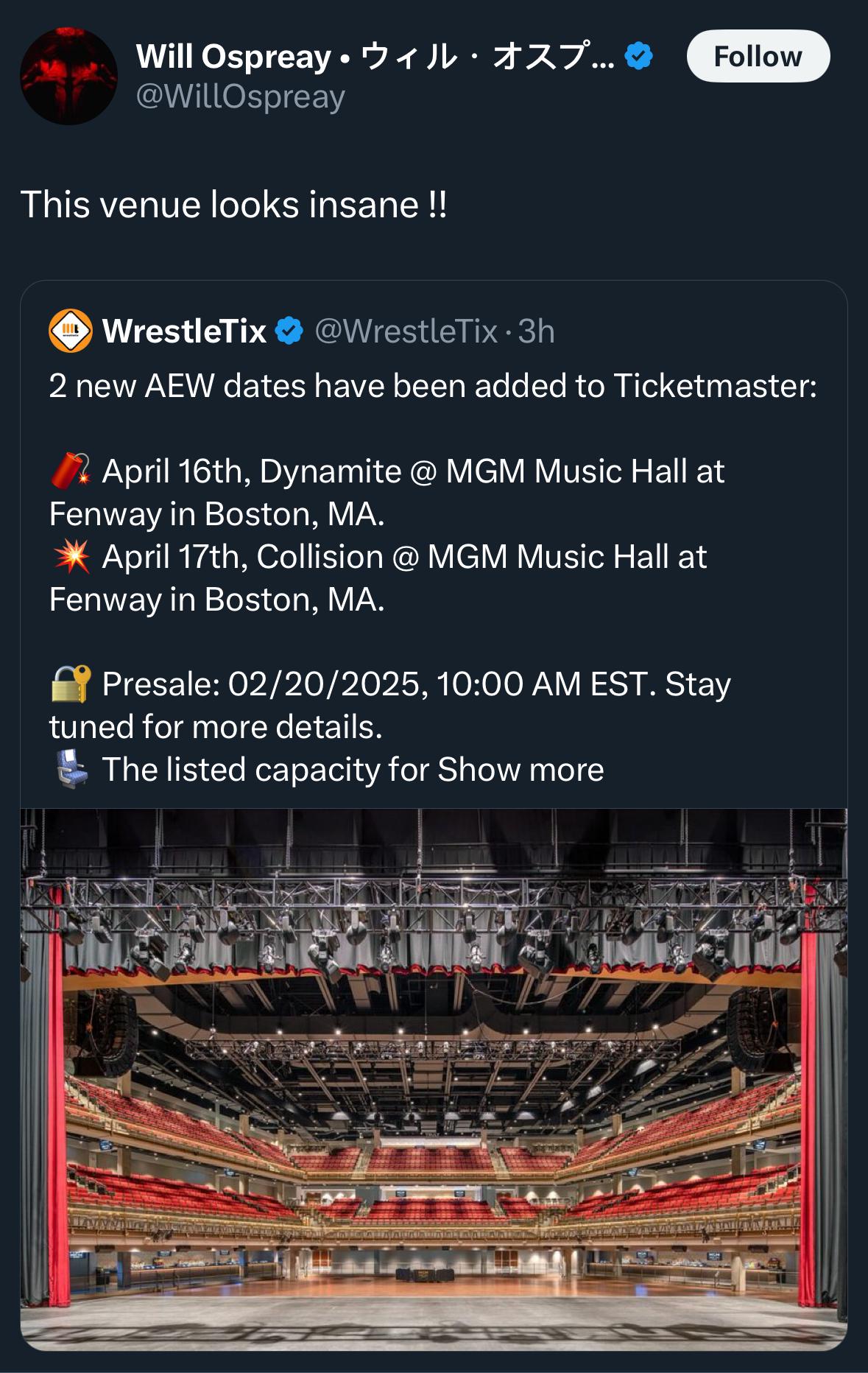 Will Ospreay on the location for AEW's Boston shows in April “This venue looks insane !!” r/SquaredCircle