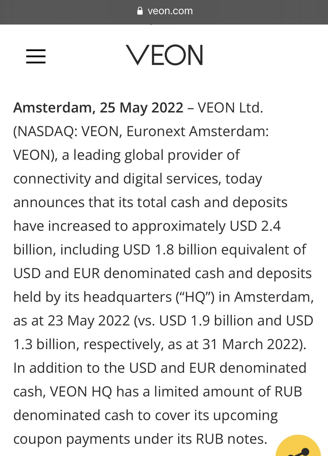 Liquidity update. VEON cash increased about 500mil since last report