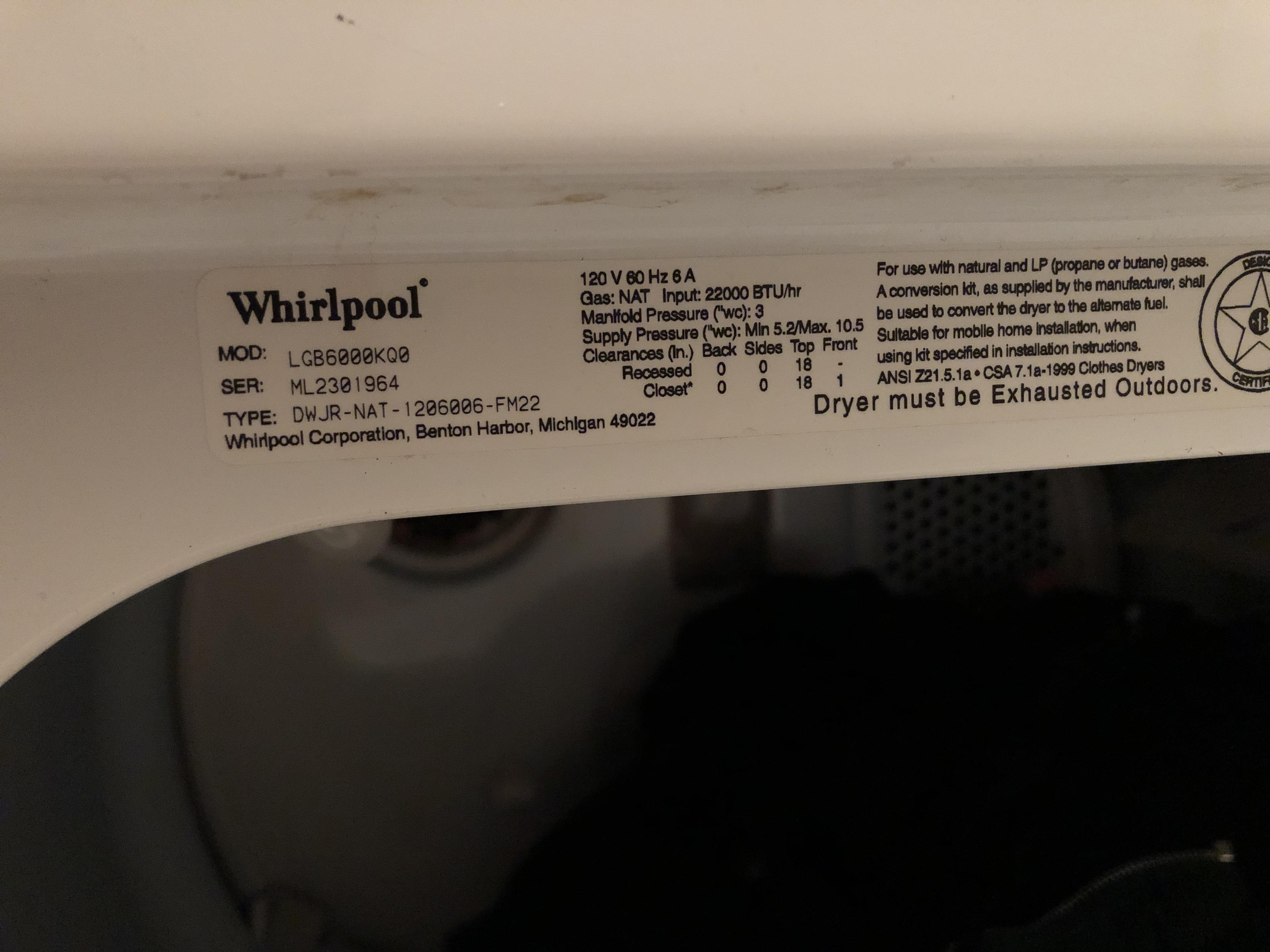 Whirlpool dryer stopped heating. model LGB6000KQ0. r/appliancerepair