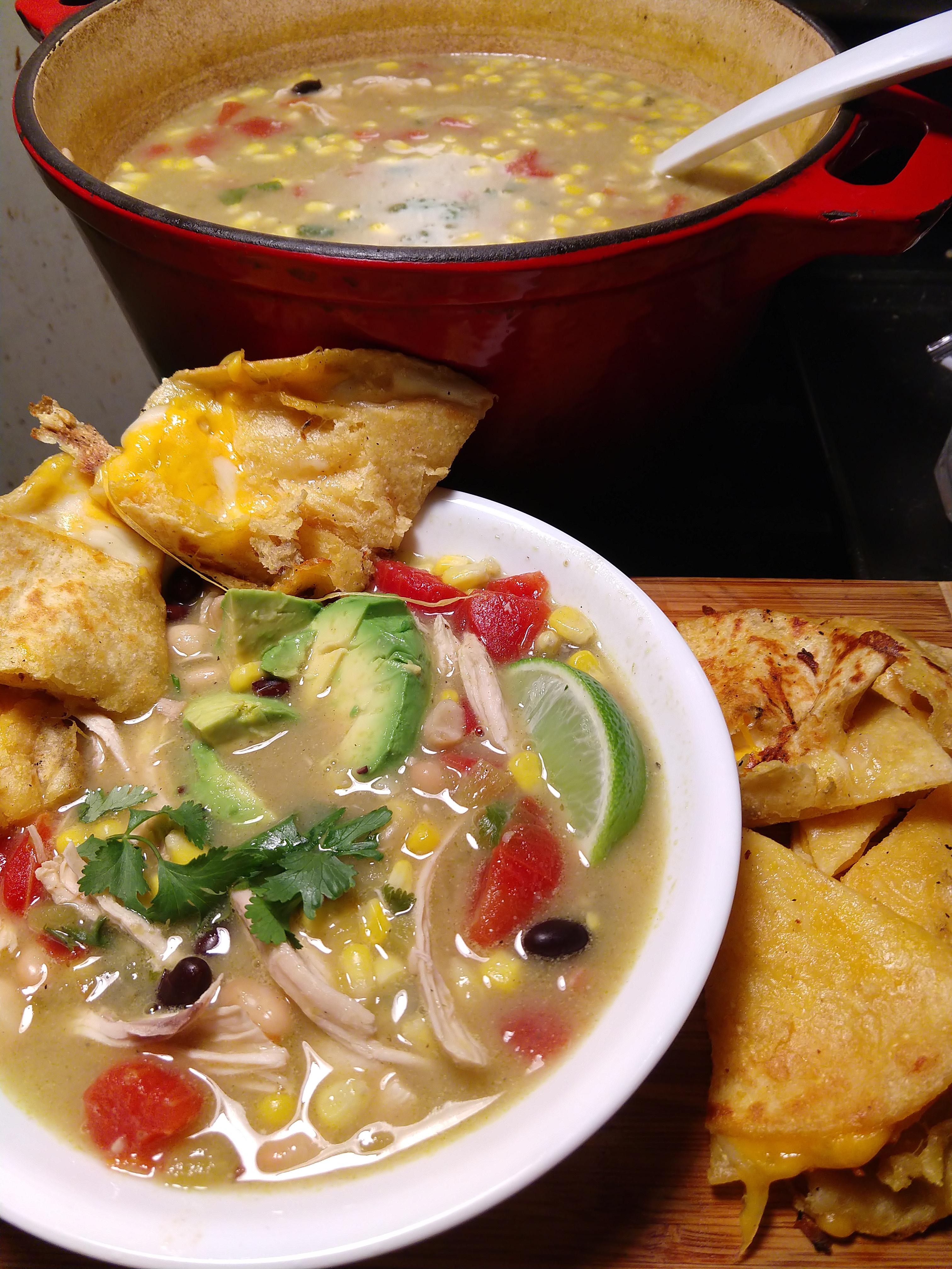 Chicken enchilada soup with quesadilla r/soupenthusiasts