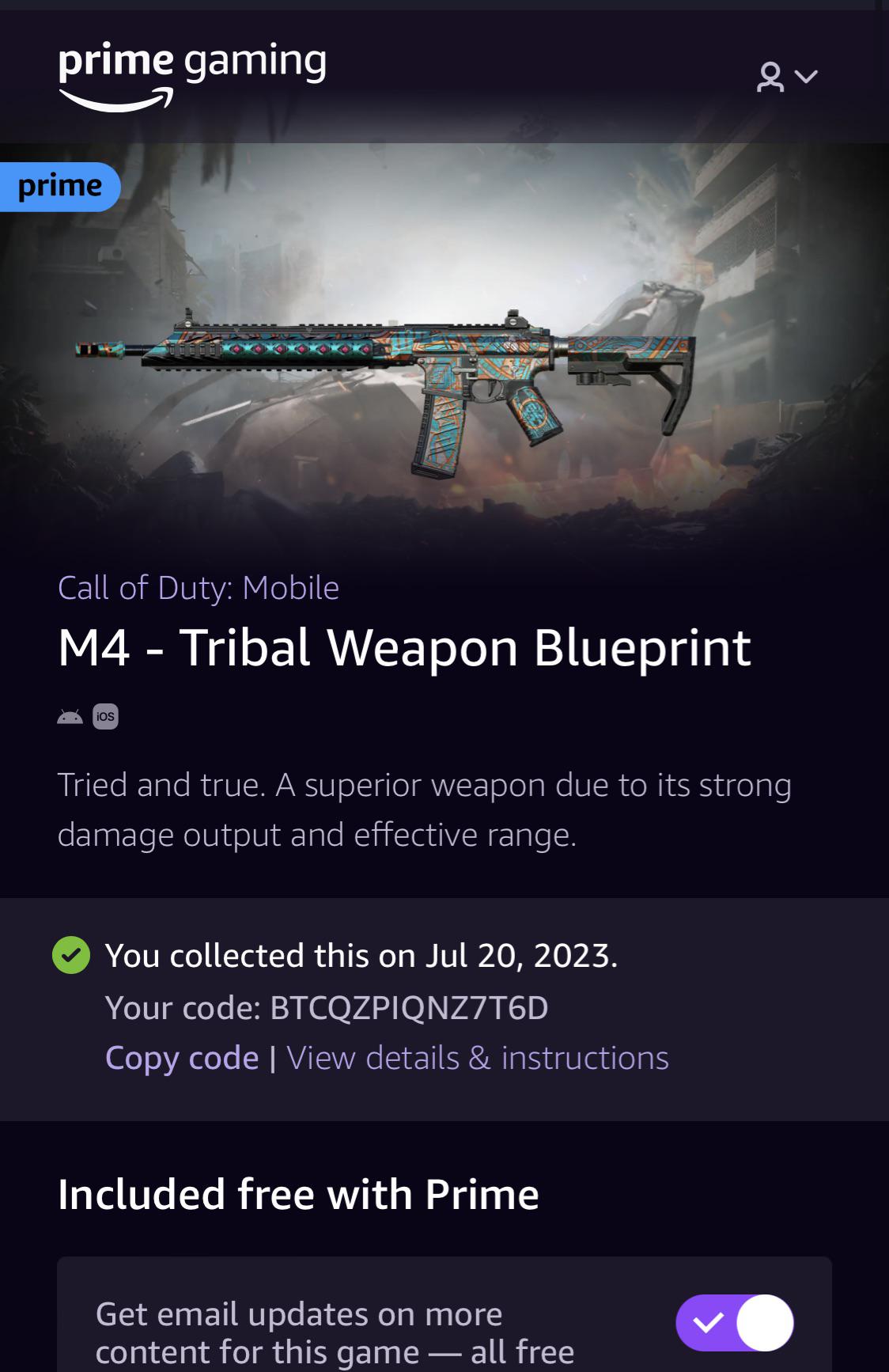 Amazon Prime Gaming Code for M4 blueprint r/CallOfDutyMobile